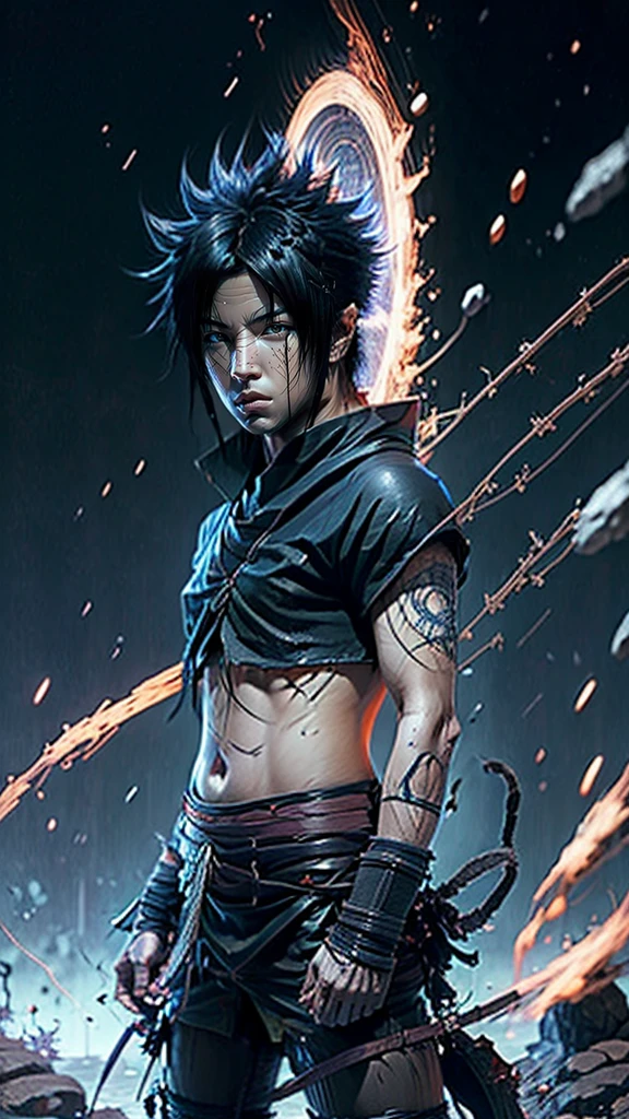 Moisturized skin, (red eyes), realistic body, (adult female body), energetic, (************), (girl), crop top,
BREAK,
bright red lipstick, (beautiful navel), (black hair), beautiful hair, (Uchiha Sasuke's clothes), (leather), mini skirt,
BREAK,
((masterpiece + highest quality + high resolution + highly detailed)), (full body: 1.2), symmetrical, one shot,
BREAK,
(electric shock), (wind blows), (blue electricity), (battle stance: 1.4),
BREAK,
assassination, kunai, fantastical, dynamic,