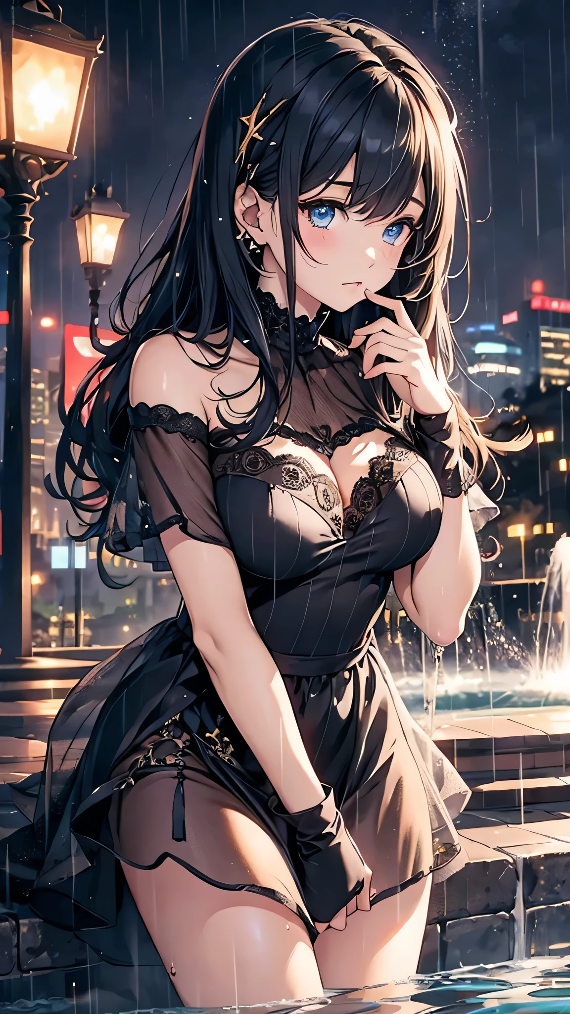 最high quality、Best image quality、masterpiece、With a girl((cute、、Best Bust、Medium Bust、Beautiful Blue Eyes、Spread your chest wide,Black Hair、Disheveled Hair、thin、Highest Valley、Black Dress、Teary whole body is wet、shout、Hold the microphone、Song、))high quality、Beautiful art、background((night、heavy rain、City、Lightning strikes、fountain park)),Tabletop、Exquisite design、Visual Arts、Written boundary depth、Best lighting、Highest detail、8k