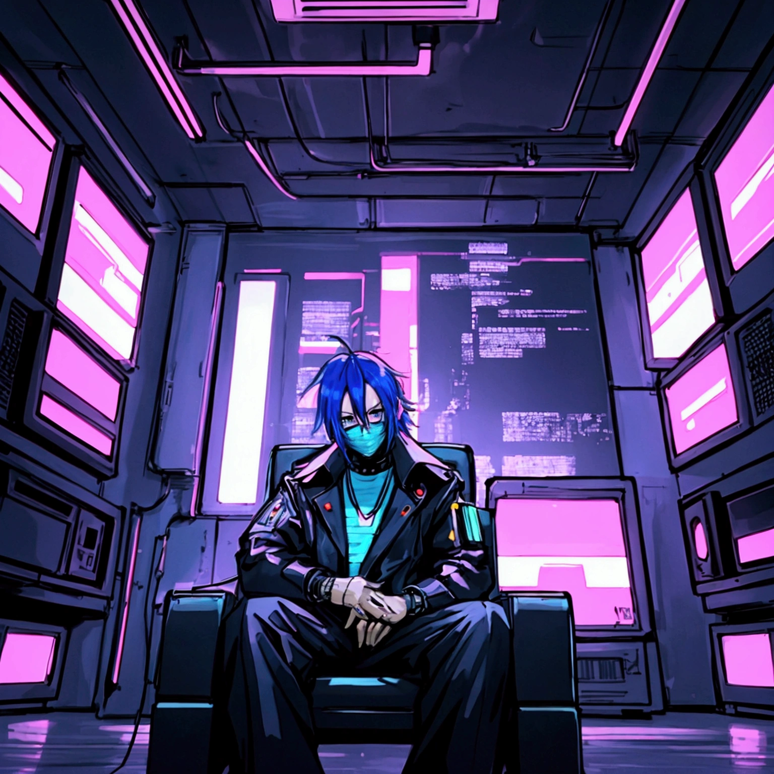 a man sitting on a chair with a tv on his head, digital cyberpunk anime art, 80s anime aesthetic, cyberpunk art style, digital cyberpunk - anime art, muted cyberpunk style, cyberpunk style, modern anime style, cyber aesthetics, best anime 4k, highly detailed, intricate details, hyperrealistic, cinematic lighting, vibrant colors, digital painting