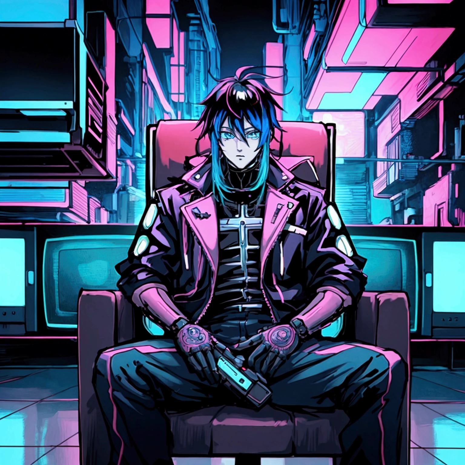 a man sitting on a chair with a tv on his head, digital cyberpunk anime art, 80s anime aesthetic, cyberpunk art style, digital cyberpunk - anime art, muted cyberpunk style, cyberpunk style, modern anime style, cyber aesthetics, best anime 4k, highly detailed, intricate details, hyperrealistic, cinematic lighting, vibrant colors, digital painting