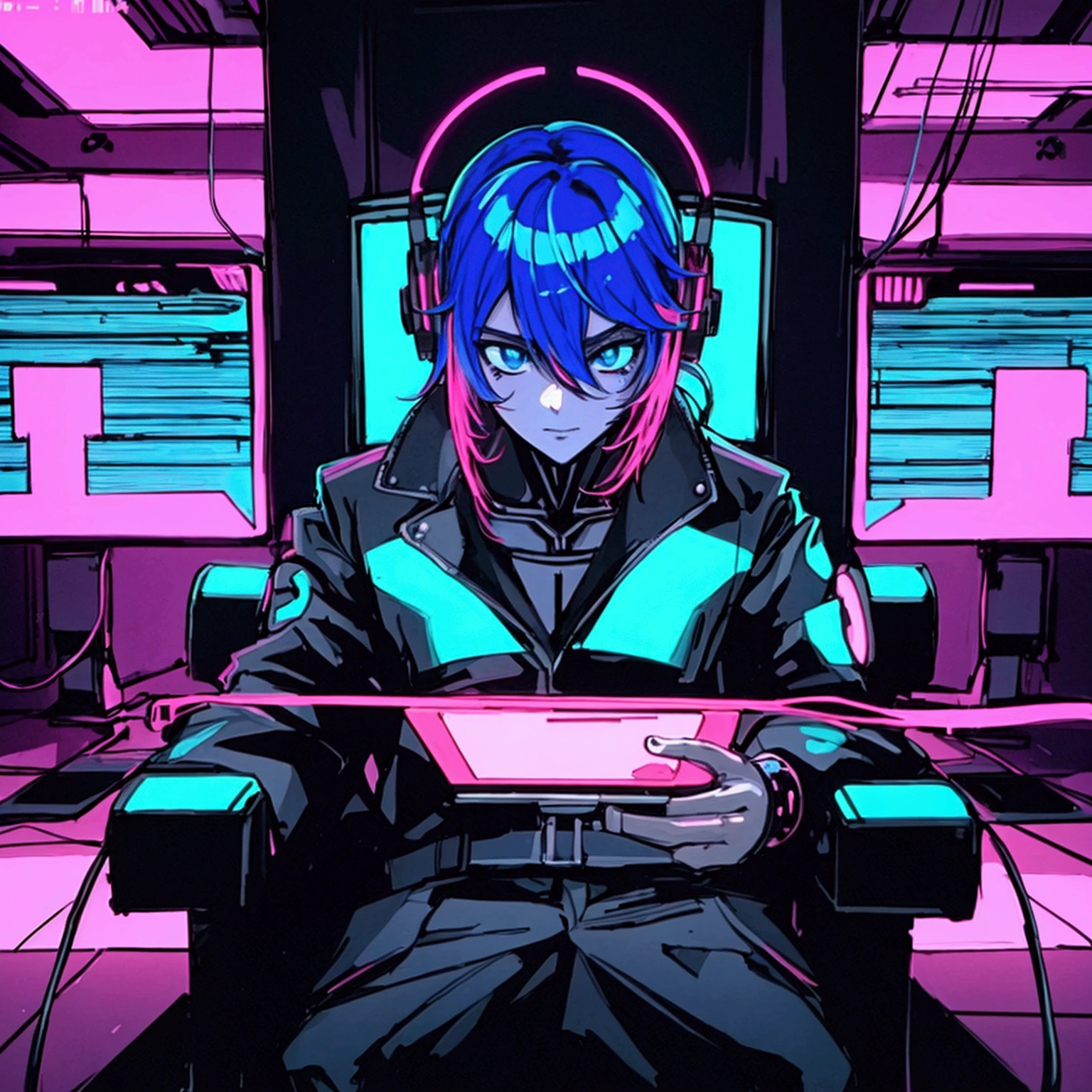 a man sitting on a chair with a tv on his head, digital cyberpunk anime art, 80s anime aesthetic, cyberpunk art style, digital cyberpunk - anime art, muted cyberpunk style, cyberpunk style, modern anime style, cyber aesthetics, best anime 4k, highly detailed, intricate details, hyperrealistic, cinematic lighting, vibrant colors, digital painting