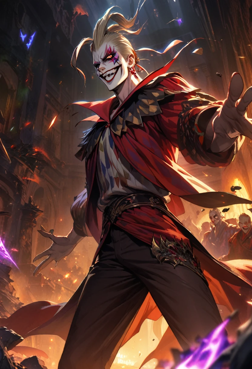 1boy, male focus, kefka palazzo, final fantasy, shirt, shorts, room, official art,grand prix award illustration,masterpiece, best quality, absurdres, dramatic lighting, maniacal laughter, cruel smirk, mocking gesture, chaos energy, destruction in background, dark atmosphere, sinister aura, twisted expression, malevolent gaze, shadowy room, flickering lights, broken objects scattered, ominous symbols, eerie glow, theatrical pose, exaggerated movements, vibrant and unsettling color palette
