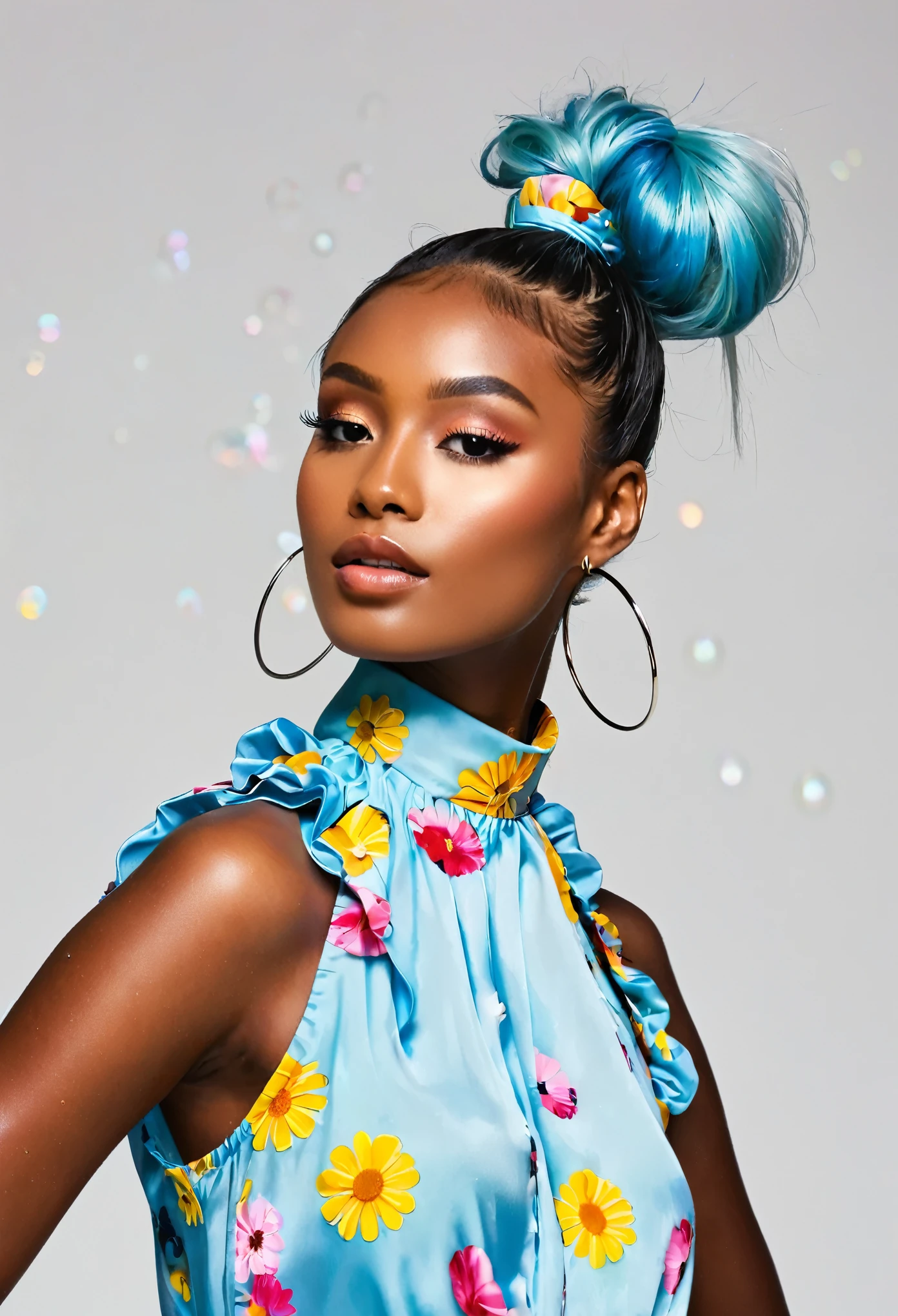 (masterpiece), (Highest quality), (Super detailed),(Dish-shaped hair),(figure), (One American woman), (Dark Skin), (Fashionable clothes), Are standing, Fashion Model, View your viewers, (interview), (Simple Background), Beautiful attention to detail, delicate beauty, floating, (High saturation), (Colorful Splash), Colorful bubbles, (Shine), Focus on the face, ponytail, Ayaka Kamisato, Light blue hair, bangs, Scrunchie, floating flowers, Flowing Hair, (Shiny), Best lighting, Best Shadow, Perfect hands