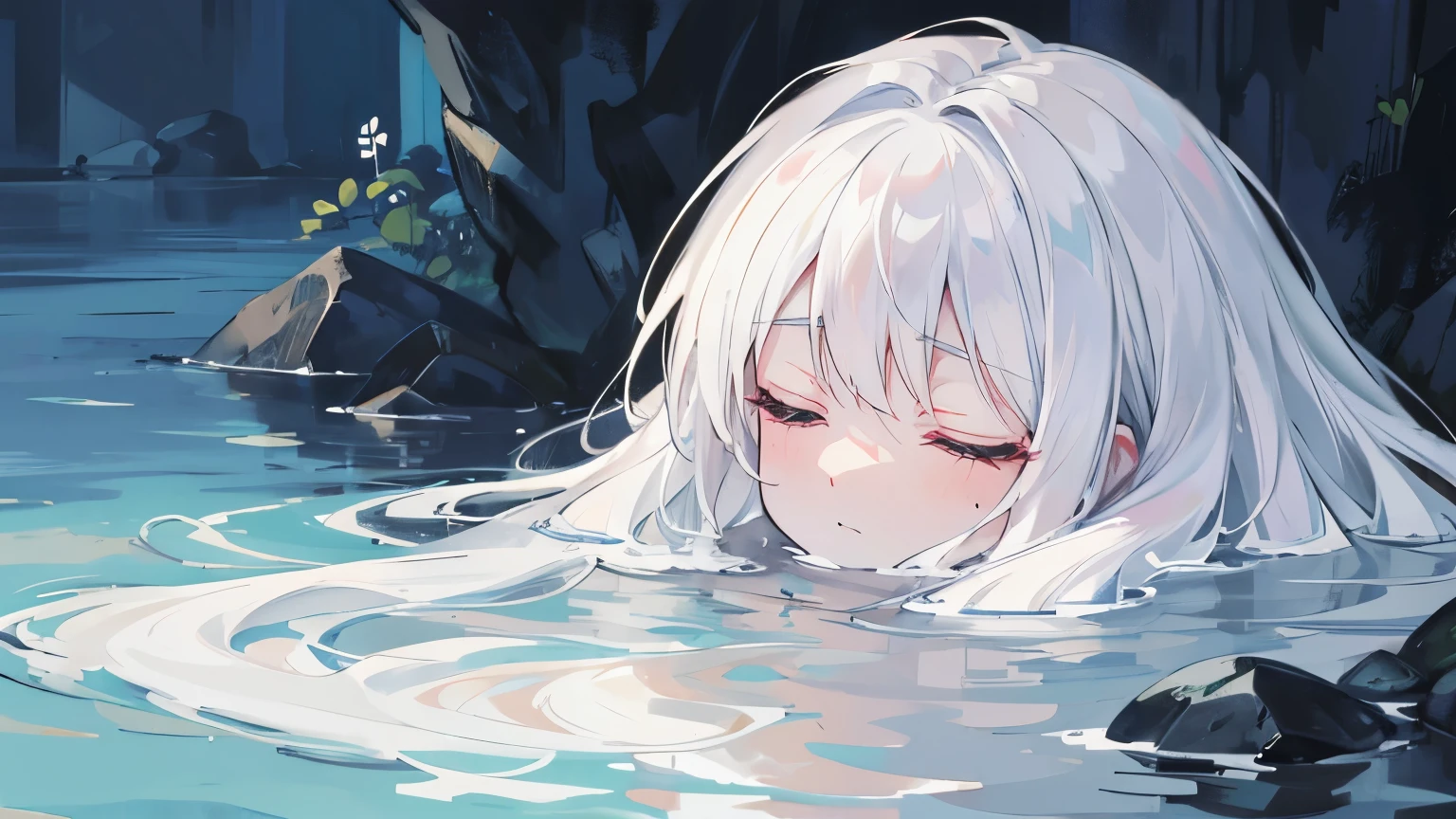 white haired lady closing her eyes and mourning while drowning