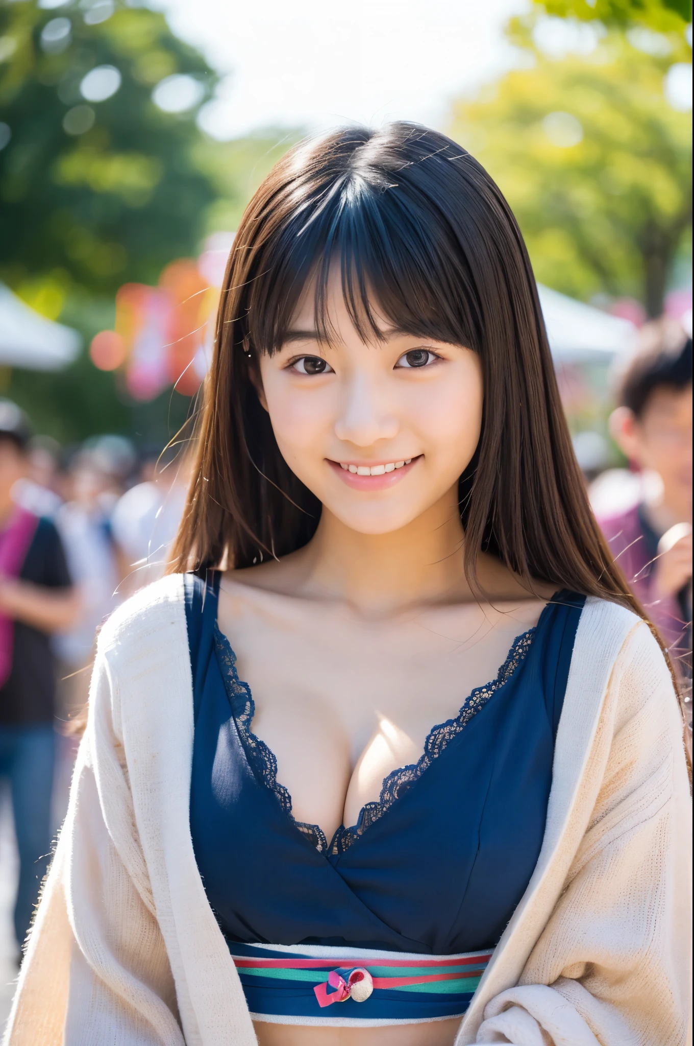 masterpiece、超High resolution、well done!、She has a very pretty face and a youthful figure like an idol..々A 17-year-old Japanese girl with unique features、Gentle and cute、A kind smile、She is at a Japanese festival. A cute Japanese yukata reveals cleavage、Medium bust、whole body、RAW Photos、Genuine、High resolution、Life、No copyright notice