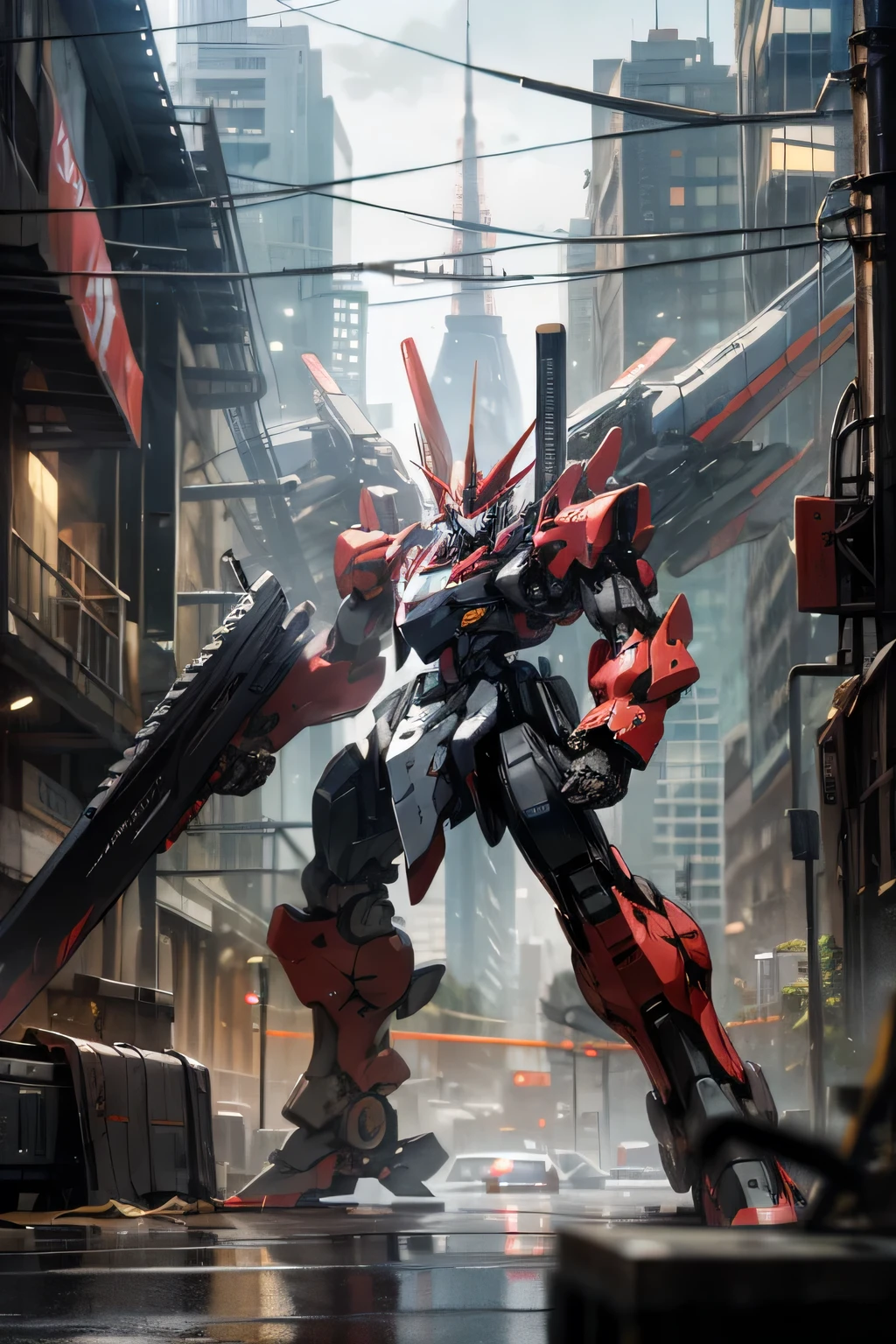 mecha, weapons, gunmetal, high tech, patlabor, city, absurdres, high res, ultrasharp, 8k, masterpiece