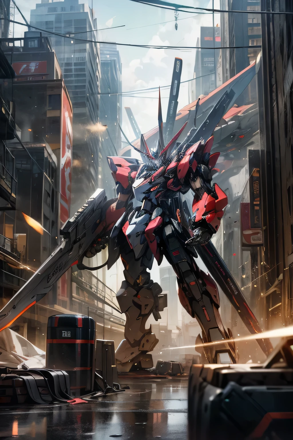 mecha, weapons, gunmetal, high tech, patlabor, city, absurdres, high res, ultrasharp, 8k, masterpiece