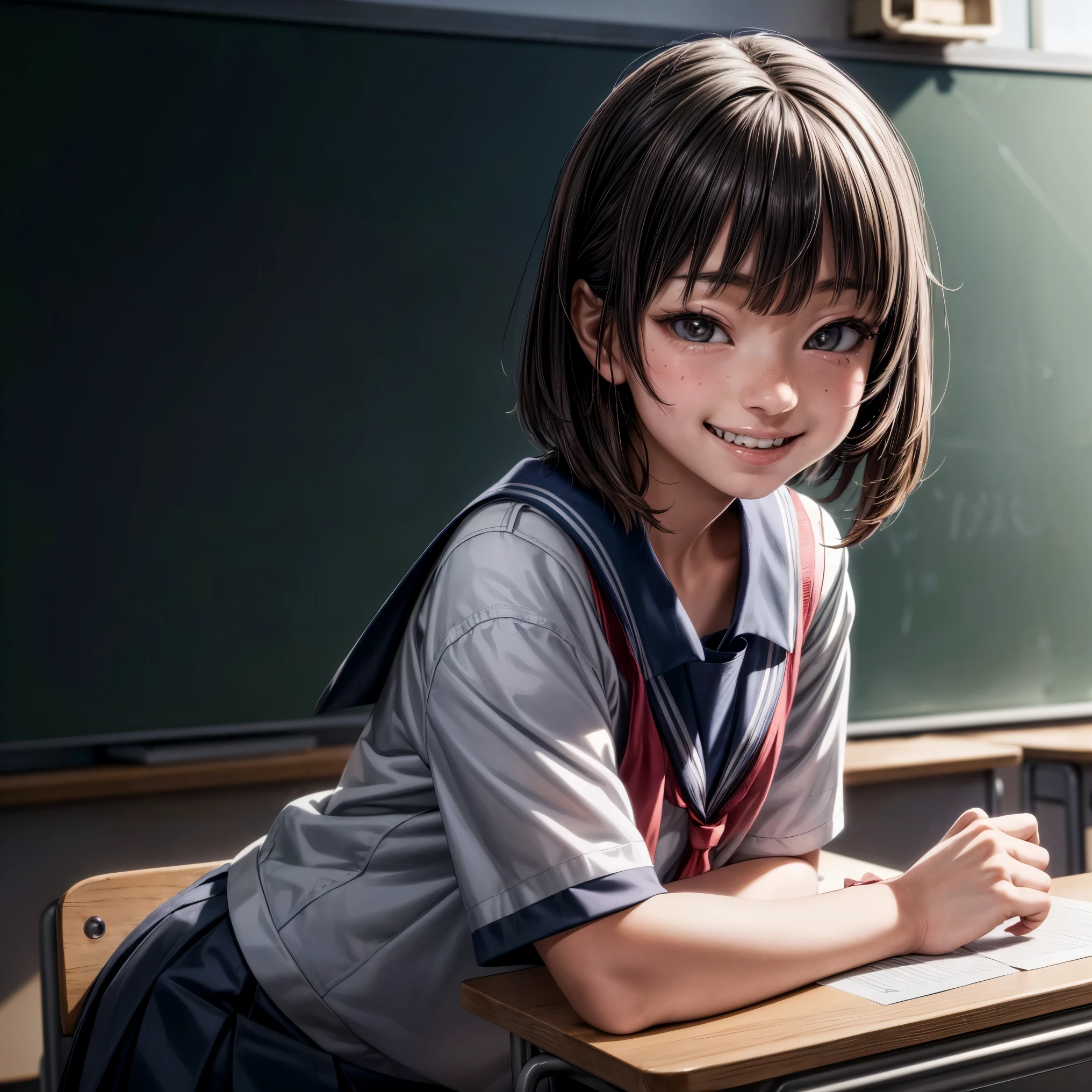 hyper realistic, young japanese girl, ((bad crooked teeth)) , ((yaeba teeth smile )), ((wearing a school outfit)),((classroom background)),(sitting on school chair, her face is looking at
the classe's white board to her front )) , (she is bored))
