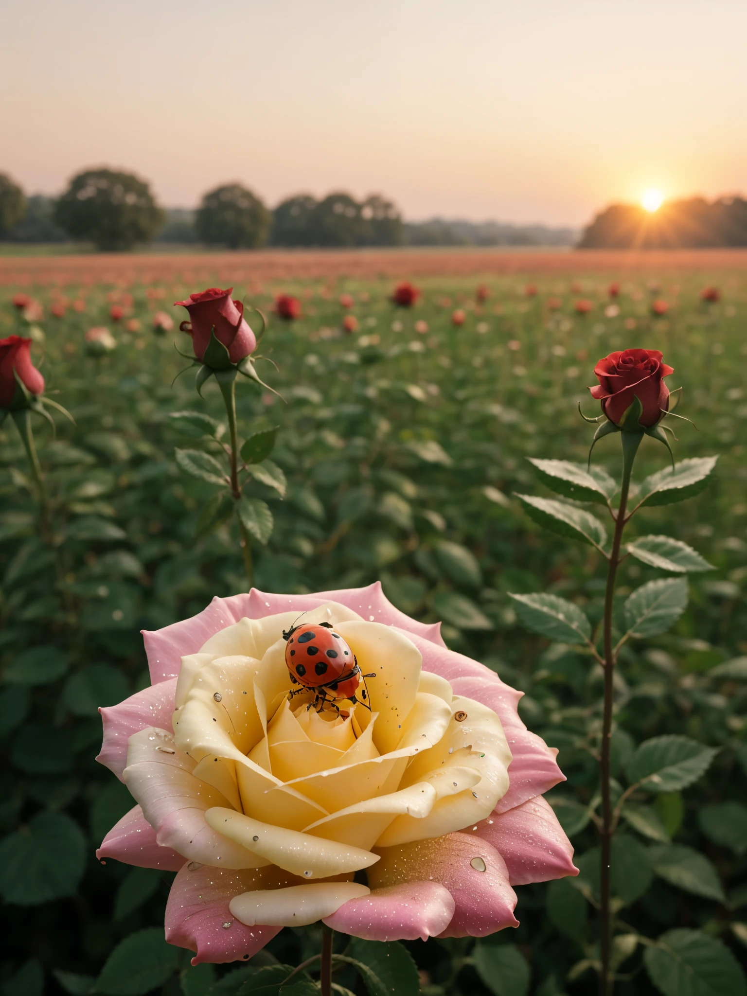 a ladybug sit on a rose covered with dew, in the background a blurred wide meadow, best quality, masterpiece, detailed, highres, top quality,