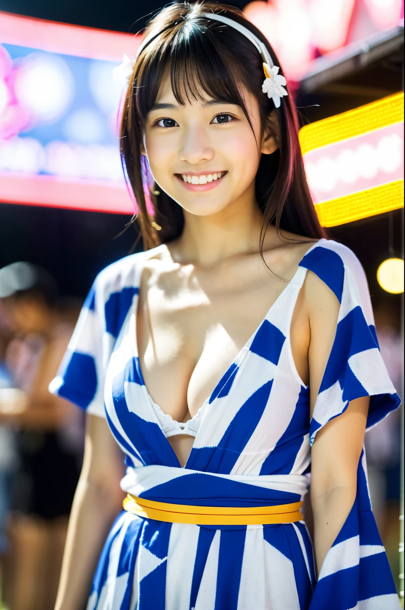 masterpiece、超High resolution、well done!、She has a very pretty face and a youthful figure like an idol..々A 17-year-old Japanese girl with unique features、Gentle and cute、A kind smile、She is at a festival on a summer night in Japan. (Japan's cute yukata)、(Cleavage is exposed)、Medium bust、whole body、RAW Photos、Genuine、High resolution、Life、No copyright notice