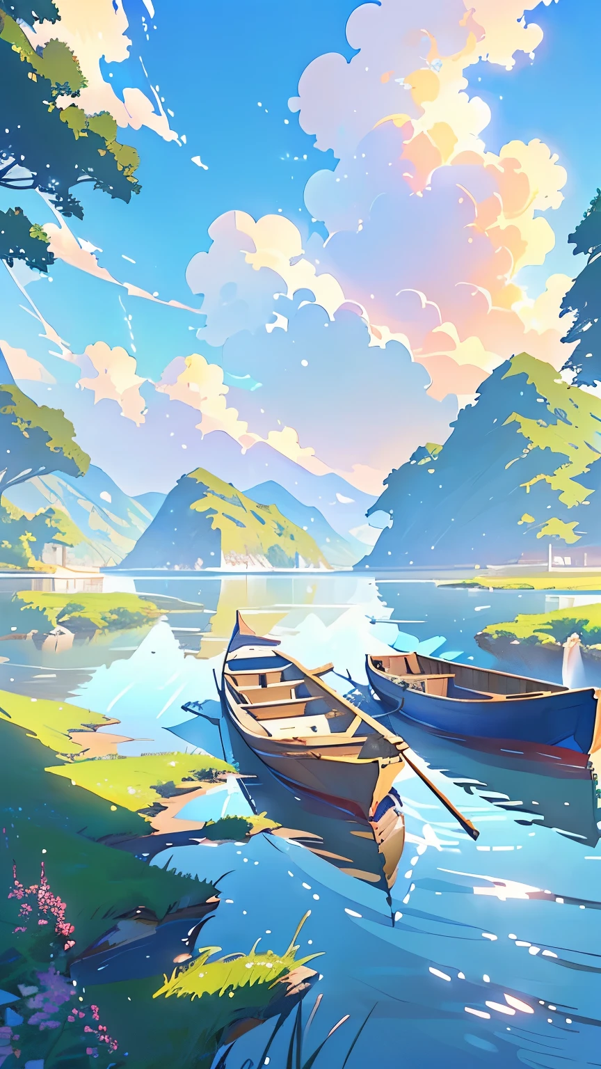 There are three boats in the water, Landscape Artwork, Detailed scenery —width 672, Anime Background art, Anime beautiful peaceful scene, beautiful Anime Landscape, Anime Background, Makoto Shinkai&#39;s style, Anime Landscape wallpaper, Anime Landscape, Anime Landscape, Anime rural scenery, Beautiful lake background, Makoto Shinkai's art style