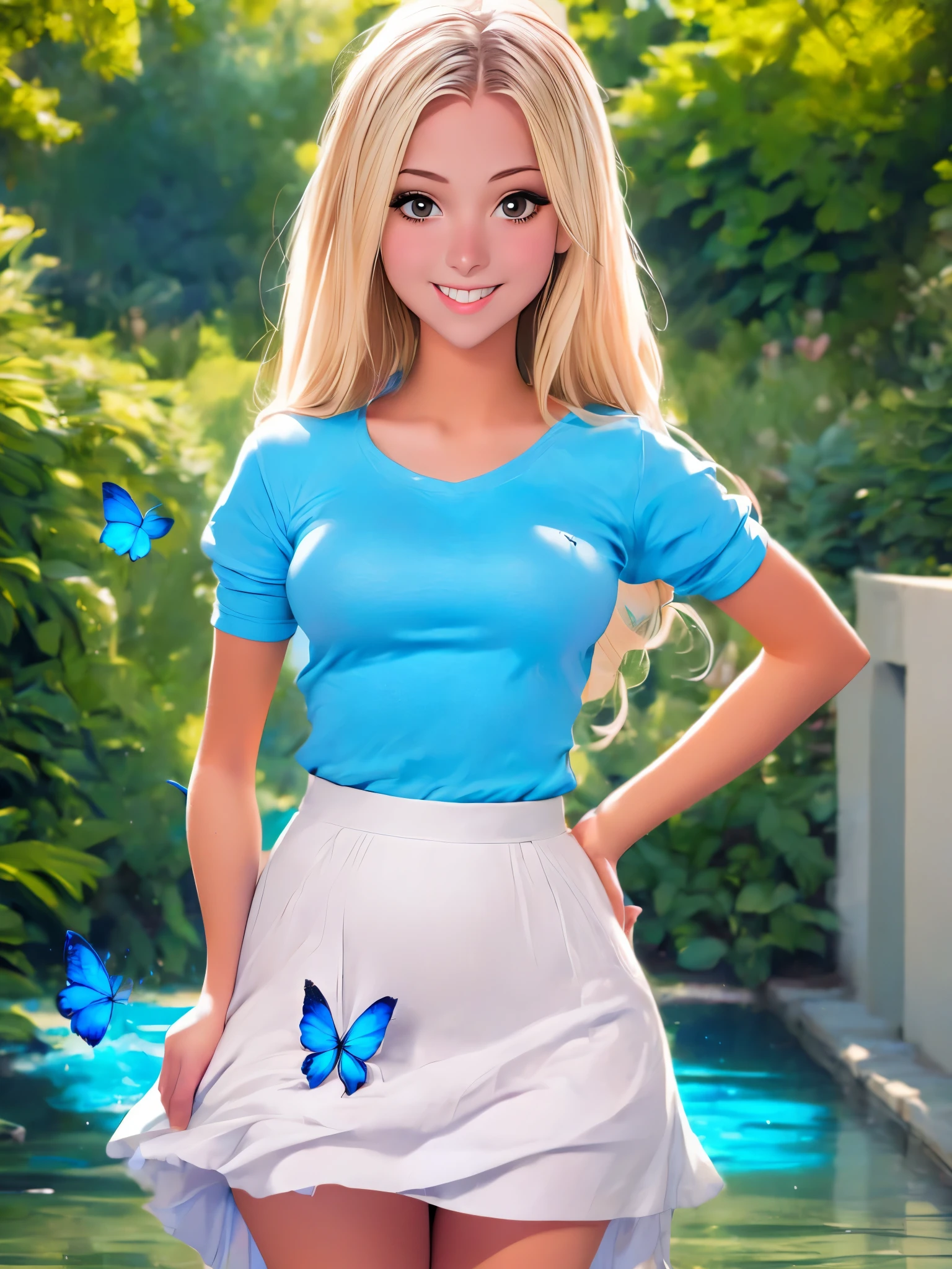 1 girl, transparent water, blue butterfly, pure white gauze skirt, sparkling