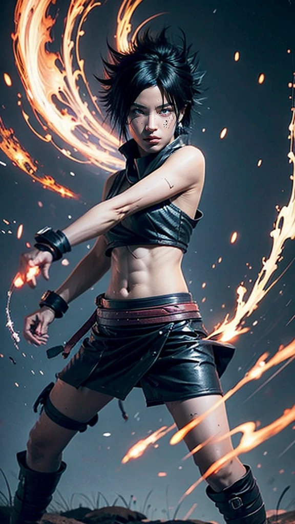 Moisturized skin, (red eyes), realistic body, (adult female body), energetic, (************), (girl), crop top,
BREAK,
bright red lipstick, (beautiful navel), (black hair), beautiful hair, (Uchiha Sasuke's clothes), (leather), mini skirt,
BREAK,
((masterpiece + highest quality + high resolution + highly detailed)), (full body: 1.2), symmetrical, one shot,
BREAK,
(electric shock), (wind blows), (blue electricity), (battle stance: 1.4),
BREAK,
assassination, kunai, fantastical, dynamic,