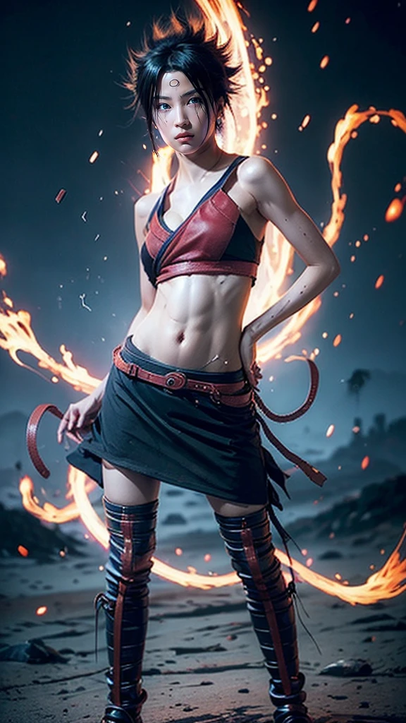 Moisturized skin, (red eyes), realistic body, (adult female body), energetic, (************), (girl), crop top,
BREAK,
bright red lipstick, (beautiful navel), (black hair), beautiful hair, (Uchiha Sasuke's clothes), (leather), mini skirt,
BREAK,
((masterpiece + highest quality + high resolution + highly detailed)), (full body: 1.2), symmetrical, one shot,
BREAK,
(electric shock), (wind blows), (blue electricity), (battle stance: 1.4),
BREAK,
assassination, kunai, fantastical, dynamic,