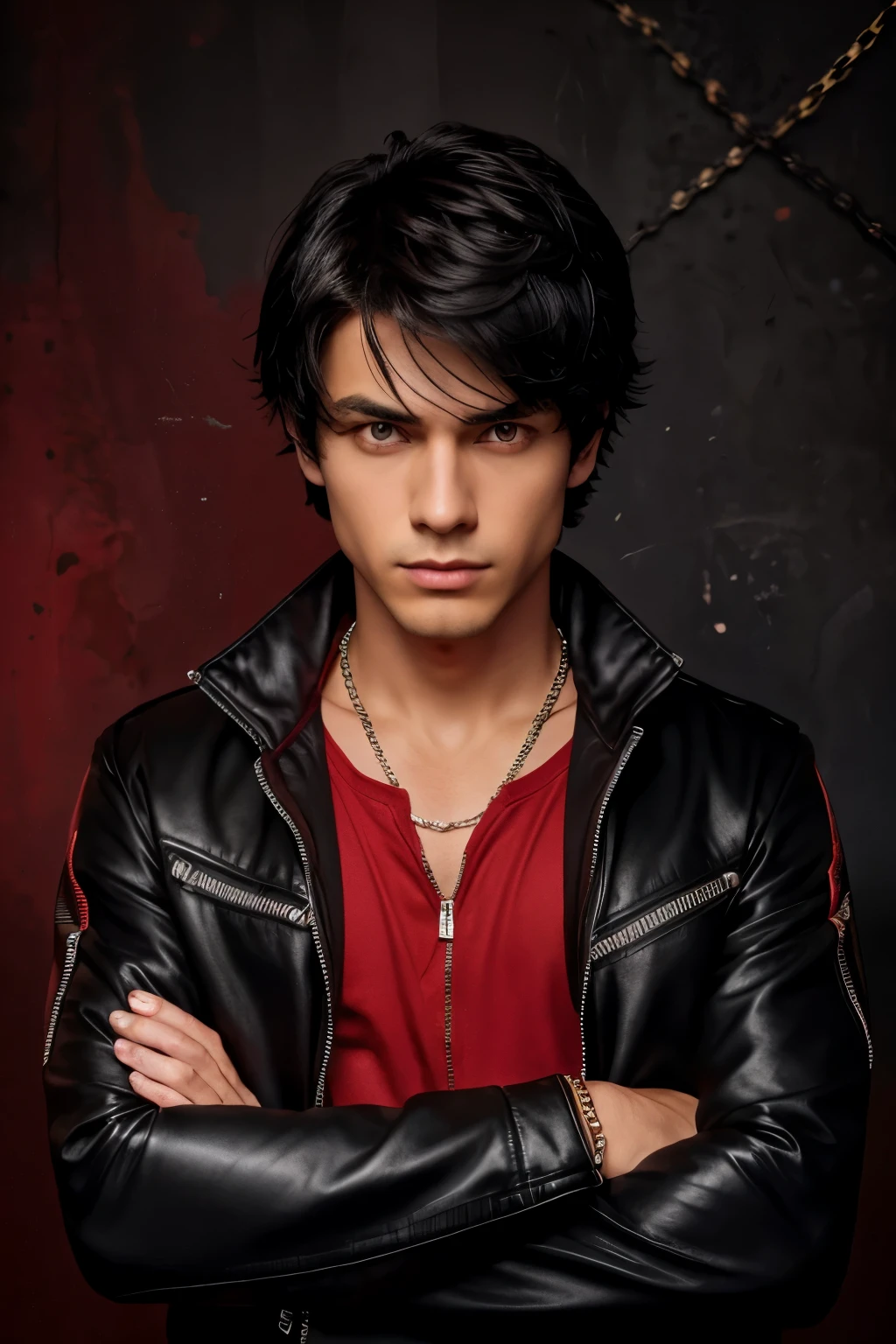 mn,1boy,male focus,red eyes,solo,jacket,black hair,jewelry,red background,zipper,bracelet,looking at viewer,necklace,chain,crossed arms,black jacket,red shirt,hair between eyes,upper body,shirt,