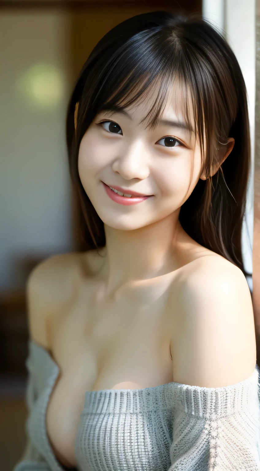 masterpiece,best quality,(Japanese girl),((Beautiful girl)),cleavage,(off shoulder:1.2),(perfect body beauty:1.2),(shy smile)