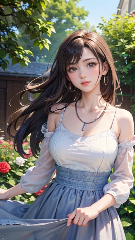 (Highest quality、 8k 、masterpiece、High resolution)、young woman、Large Breasts、Slender beauty、Brown hair medium、Hair blowing in the wind、Hair flying back、Full Body Shot、Uplifting、 (Beautiful Face,Beautiful eyes,Beautiful nose,Pretty lips)、A clean eyeliner、(Basic Fashion、Loose dressing)、Earrings、necklace、Her mouth opens slightly and a smile appears.、looking at the camera、Professional Lighting、Professional photographer、Outdoor、garden、Multicolored rose flowers、Detailed CG、