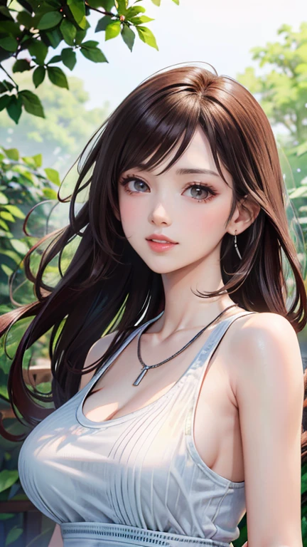 (Highest quality、 8k 、masterpiece、High resolution)、young woman、Large Breasts、Slender beauty、Brown hair medium、Hair blowing in the wind、Hair flying back、Full Body Shot、Uplifting、 (Beautiful Face,Beautiful eyes,Beautiful nose,Pretty lips)、A clean eyeliner、(Basic Fashion、Loose dressing)、Earrings、necklace、Her mouth opens slightly and a smile appears.、looking at the camera、Professional Lighting、Professional photographer、Outdoor、garden、Multicolored rose flowers、Detailed CG、