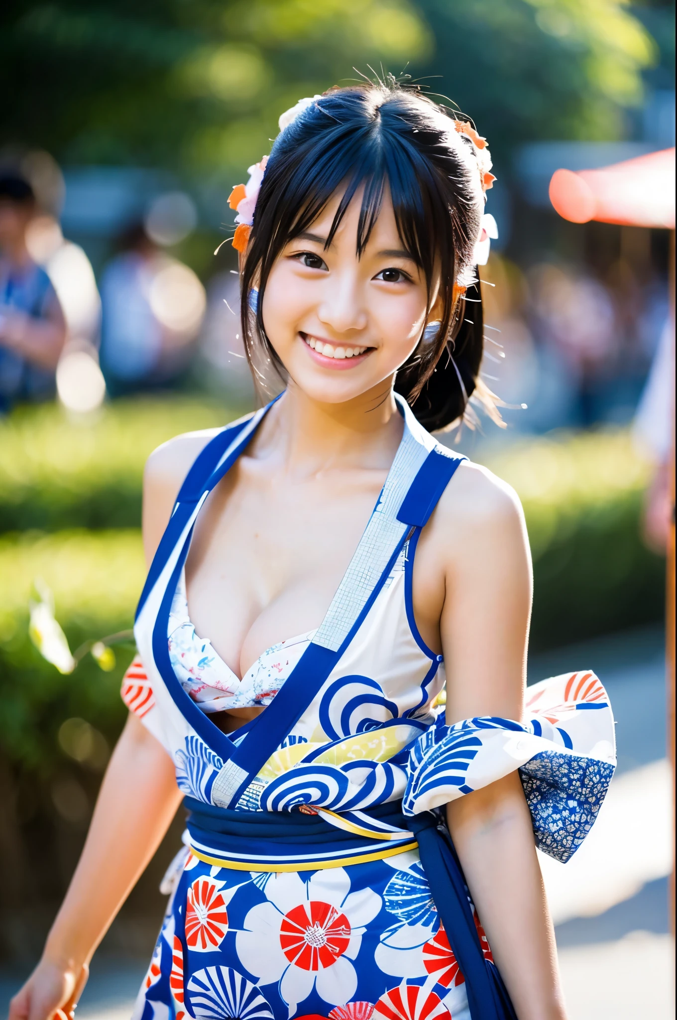masterpiece、超High resolution、well done!、She has a very pretty face and a youthful figure like an idol..々A 17-year-old Japanese girl with unique features、Gentle and cute、A kind smile、She is walking through a Japanese summer night festival.、(((Cute traditional Japanese yukata)))、((Cleavage))、((Whole body))、RAW Photos、Genuine、High resolution、Life、No copyright notice