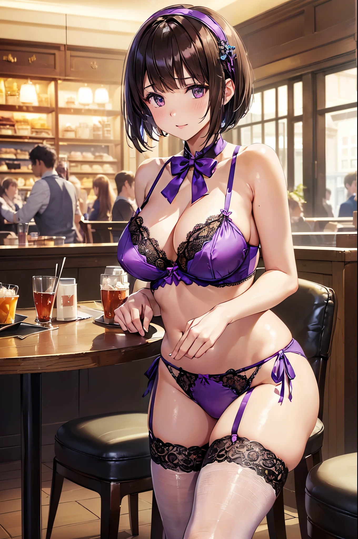 (((masterpiece, Highest quality, High resolution, 超High resolution, Perfect Pixel, Depth of written boundary, 4K, RTTX 10.0))), Beautiful Anime Woman, Beautiful art style, Anime characters, ((Smooth texture, Realistic texture, Anime CG Style)), Perfect and accurate finger count、Exact number of legs、(Exact number of arms:1.0, Exact number of hands:1.0), (Perfect hands, Perfect Anatomy), Cinematic, Realistic, Extremely detailed CG, Daytime lighting, Perfect lighting, Best Shadow, The best natural light, whole body, Perfect body, バランのとれたPerfect body, Perfectly balanced style, Slender body, ((bangs, Dark brown hair, Bobcut)), ((A cute adult woman is standing facing this way:1.8)), ((Bow tie around neck:1.3), (Sexy and cute purple underwear:1.3), (Stylish shiny purple satin panties, Side-tie panties, The panties are plain purple in the center with lace decoration on the sides.:1.4), (Purple micro lace satin bra, Purple bra with lace trim around the edges:1.4), (lace garter belt, Garter Strings, Knee socks:1.3):1.3), (Beautiful big boobs:1.1), (Embarrassed expression:1.7), blush, (Stylish restaurant, Many visitors in the background, Inside the crowded store, Tables and chairs filled with male customers, Many men sitting at tables and chairs, The attention men are giving her:1.7), naked, In underwear, (A big frilly headband like a maid's:1.2), Angle from the front, Nakaseko Kaori