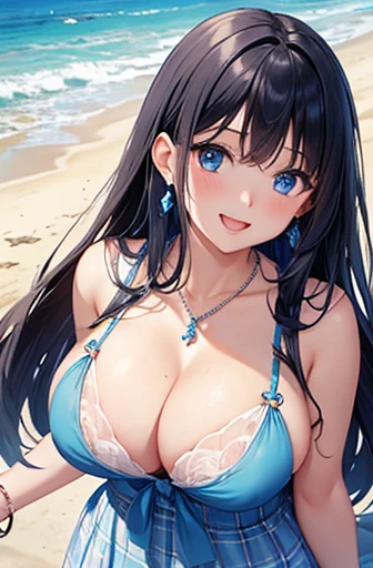 Highest quality、Highest quality、masterpiece、(8k),beauty(Age 25)、Black Hair、Long Hair、blue eyes、naked、Big cleavage、(Big Breasts)、smile、blue necklace、Blue Earrings、background(Beach)、Please open your mouth wide、Tie your hair with a checked ribbon、bracelet、Dynamic pose
