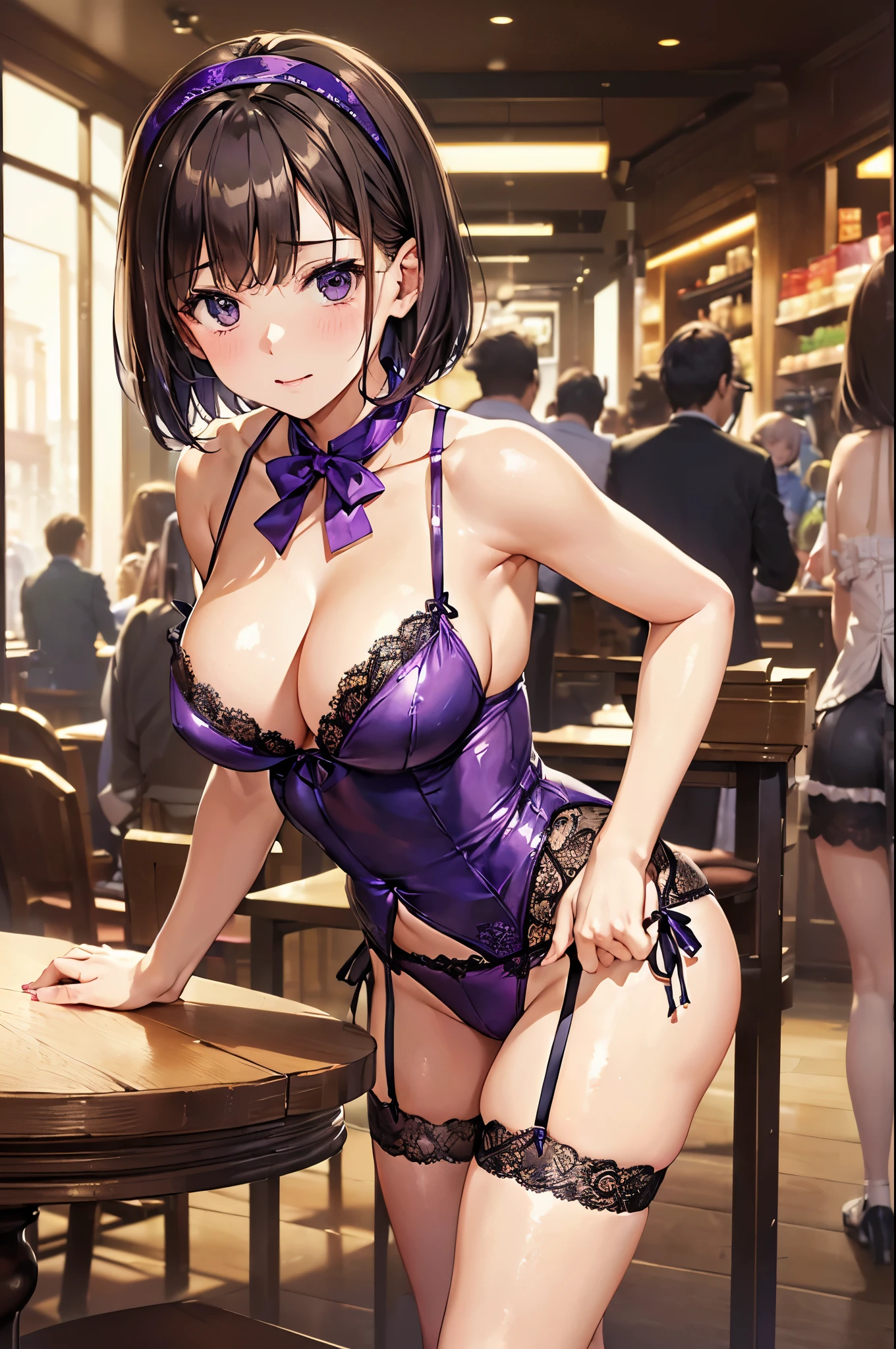 (((masterpiece, Highest quality, High resolution, 超High resolution, Perfect Pixel, Depth of written boundary, 4K, RTTX 10.0))), Beautiful Anime Woman, Beautiful art style, Anime characters, ((Smooth texture, Realistic texture, Anime CG Style)), Perfect and accurate finger count、Exact number of legs、(Exact number of arms:1.0, Exact number of hands:1.0), (Perfect hands, Perfect Anatomy), Cinematic, Realistic, Extremely detailed CG, Daytime lighting, Perfect lighting, Best Shadow, The best natural light, whole body, Perfect body, バランのとれたPerfect body, Perfectly balanced style, Slender body, ((bangs, Dark brown hair, Bobcut)), ((A cute adult woman is standing facing this way:1.8)), ((Bow tie around neck:1.3), (Sexy and cute purple underwear:1.3), (Stylish shiny purple satin panties, Side-tie panties, The panties are plain purple in the center with lace decoration on the sides.:1.4), (Purple micro lace satin bra, Purple bra with lace trim around the edges:1.4), (lace garter belt, Garter Strings, Knee socks:1.3):1.3), (Beautiful big boobs:1.1), (Embarrassed expression:1.7), blush, (Stylish restaurant, Many visitors in the background, Inside the crowded store, Tables and chairs filled with male customers, Many men sitting at tables and chairs, The attention men are giving her:1.7), naked, In underwear, (A big frilly headband like a maid's:1.2), Angle from the front, Nakaseko Kaori