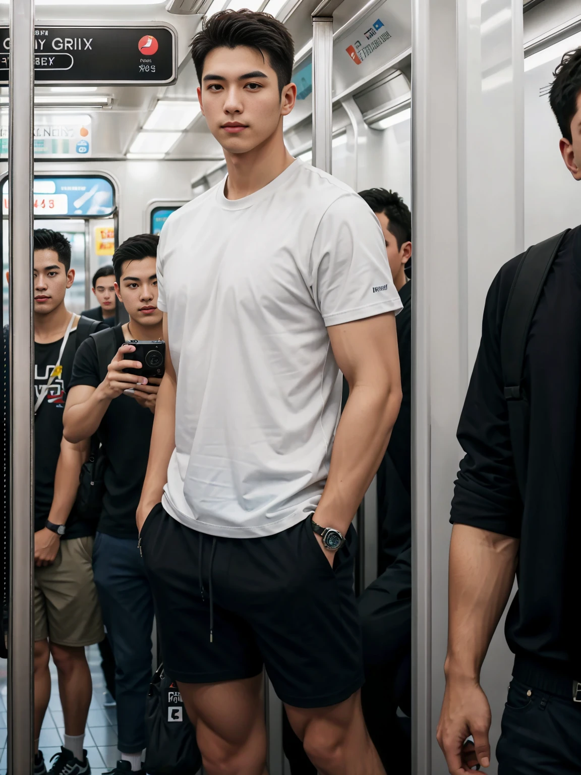 1 person,A 20-year-old man in the subway,Standing in a subway car,Ultra-flat head,White skinny sleeveless T-shirt,Wear yours with grey micro shorts,huge bulge, leg apart,musculous,Handsome,Look at your phone,Wear AirPods,Wear an Apple Watch,Sport backpack,white short socks,White sneakers,pervert smirk,exhilarated,full bodyesbian,Exposing thighs,Expose calves,Thick leg hair,In crowded subway cars,gentlesoftlighting,tmasterpiece,best qualtiy,8K UHD,digital SLR camera,filmgrain,Fujifilm XT3 Realistic painting art,Written by Midjourney and Greg Rutkowski