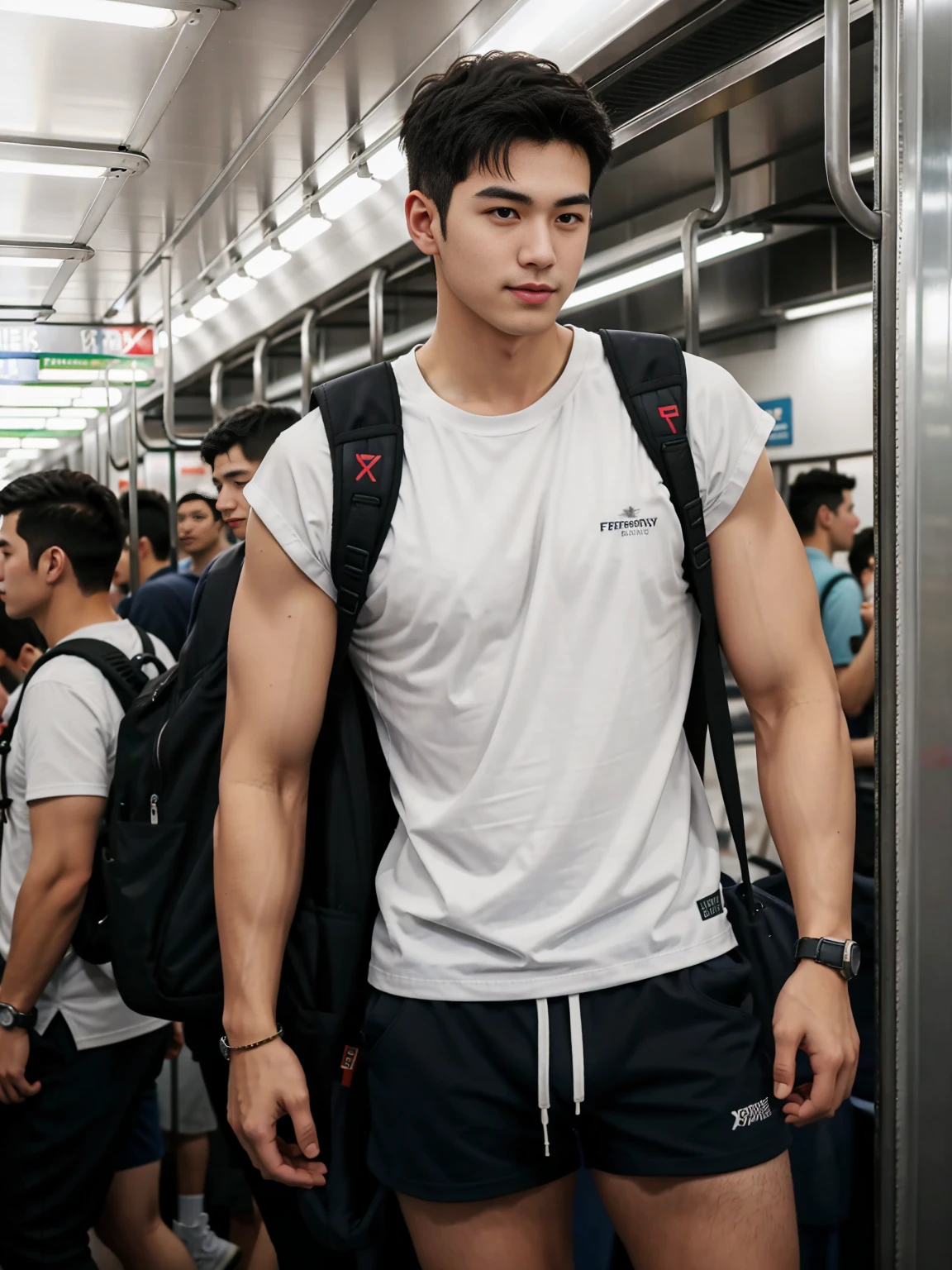 1 person,A 20-year-old man in the subway,Standing in a subway car,Ultra-flat head,White skinny sleeveless T-shirt,Wear yours with grey micro shorts,huge bulge, leg apart,musculous,Handsome,Look at your phone,Wear AirPods,Wear an Apple Watch,Sport backpack,white short socks,White sneakers,pervert smirk,exhilarated,full bodyesbian,Exposing thighs,Expose calves,Thick leg hair,In crowded subway cars,gentlesoftlighting,tmasterpiece,best qualtiy,8K UHD,digital SLR camera,filmgrain,Fujifilm XT3 Realistic painting art,Written by Midjourney and Greg Rutkowski