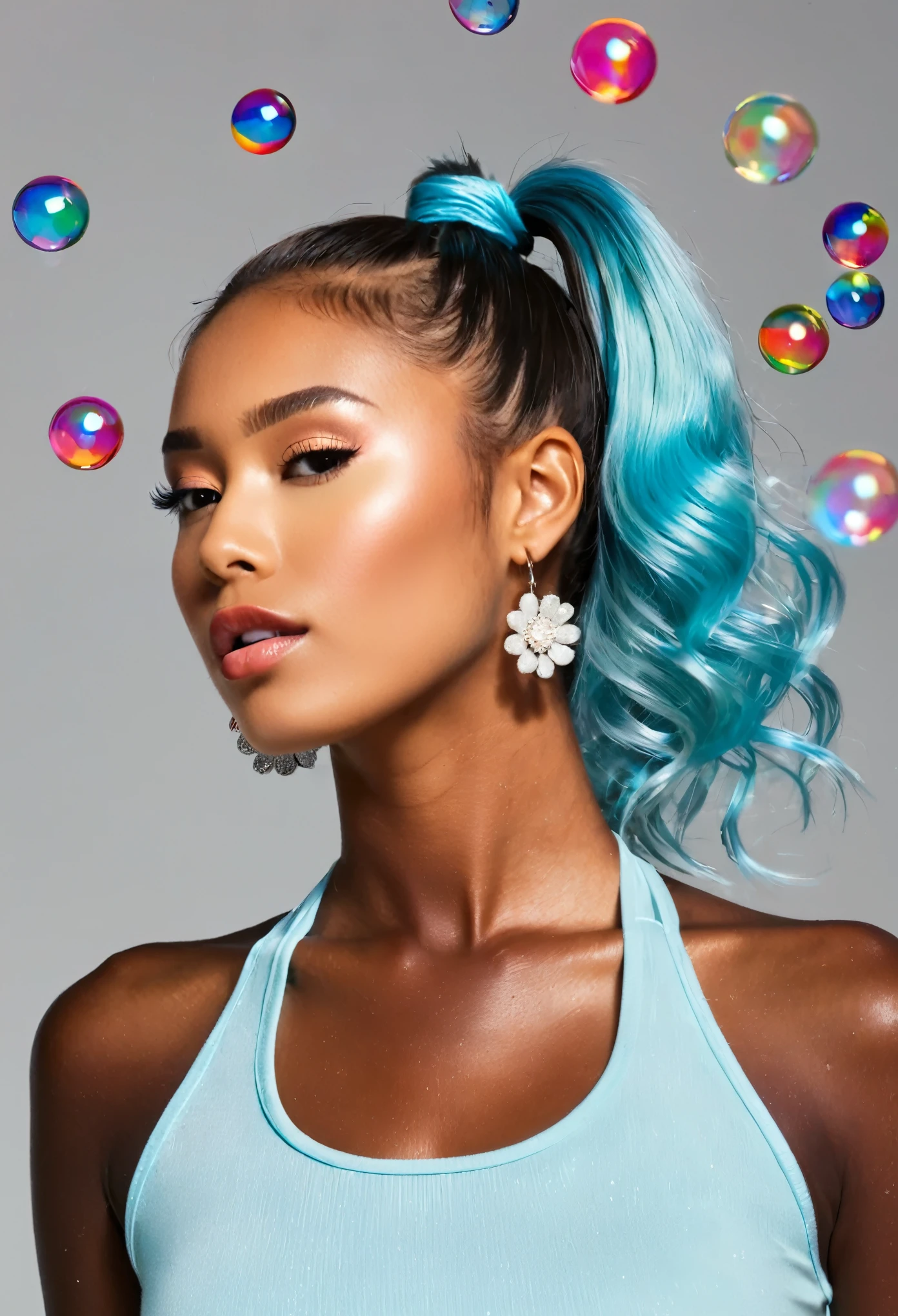 (masterpiece, Highest quality, Super detailed, Dish-shaped hair:1.5), (figure), (One American woman), (Dark Skin), (Fashionable clothes), Are standing, Fashion Model, View your viewers, (interview), (Simple Background), Beautiful attention to detail, delicate beauty, floating, (High saturation), (Colorful Splash), Colorful bubbles, (Shine), Focus on the face, ponytail, Ayaka Kamisato, Light blue hair, bangs, Scrunchie, floating flowers, Flowing Hair, (Shiny), Best lighting, Best Shadow, Perfect hands