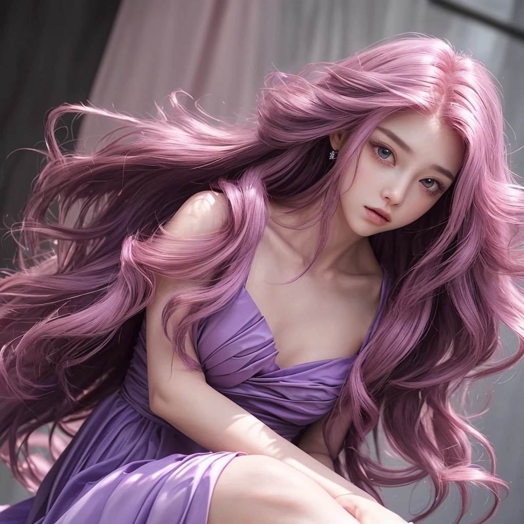 Pink long hair Beautiful face like an actress Purple Dress Upper Body