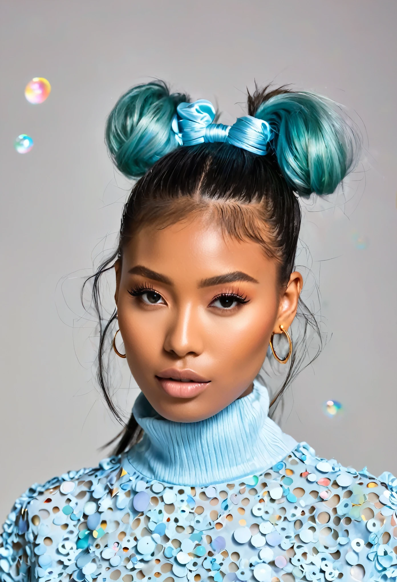 (masterpiece), (Highest quality), (Super detailed),(Dish-shaped hair),(figure), (One Woman), (Black Skin), (Fashionable clothes), Are standing, Fashion Model, View your viewers, (interview), (Simple Background), Beautiful attention to detail, delicate beauty, floating, (High saturation), (Colorful Splash), Colorful bubbles, (Shine), Focus on the face, ponytail, Ayaka Kamisato, Light blue hair, bangs, Scrunchie, floating flowers, Flowing Hair, (Shiny), Best lighting, Best Shadow, Perfect hands