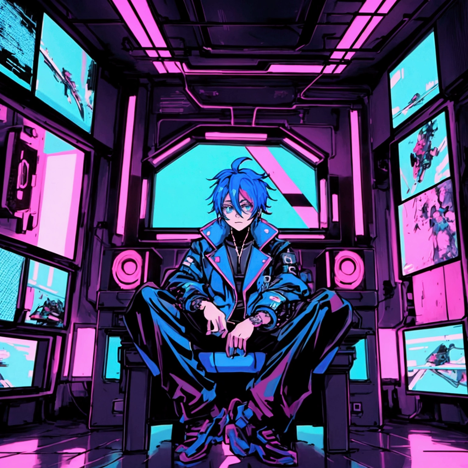 a man sitting on a chair with a tv on his head, digital cyberpunk anime art, 80s anime aesthetic, cyberpunk art style, digital cyberpunk - anime art, muted cyberpunk style, cyberpunk style, modern anime style, cyber aesthetics, best anime 4k, highly detailed, intricate details, hyperrealistic, cinematic lighting, vibrant colors, digital painting