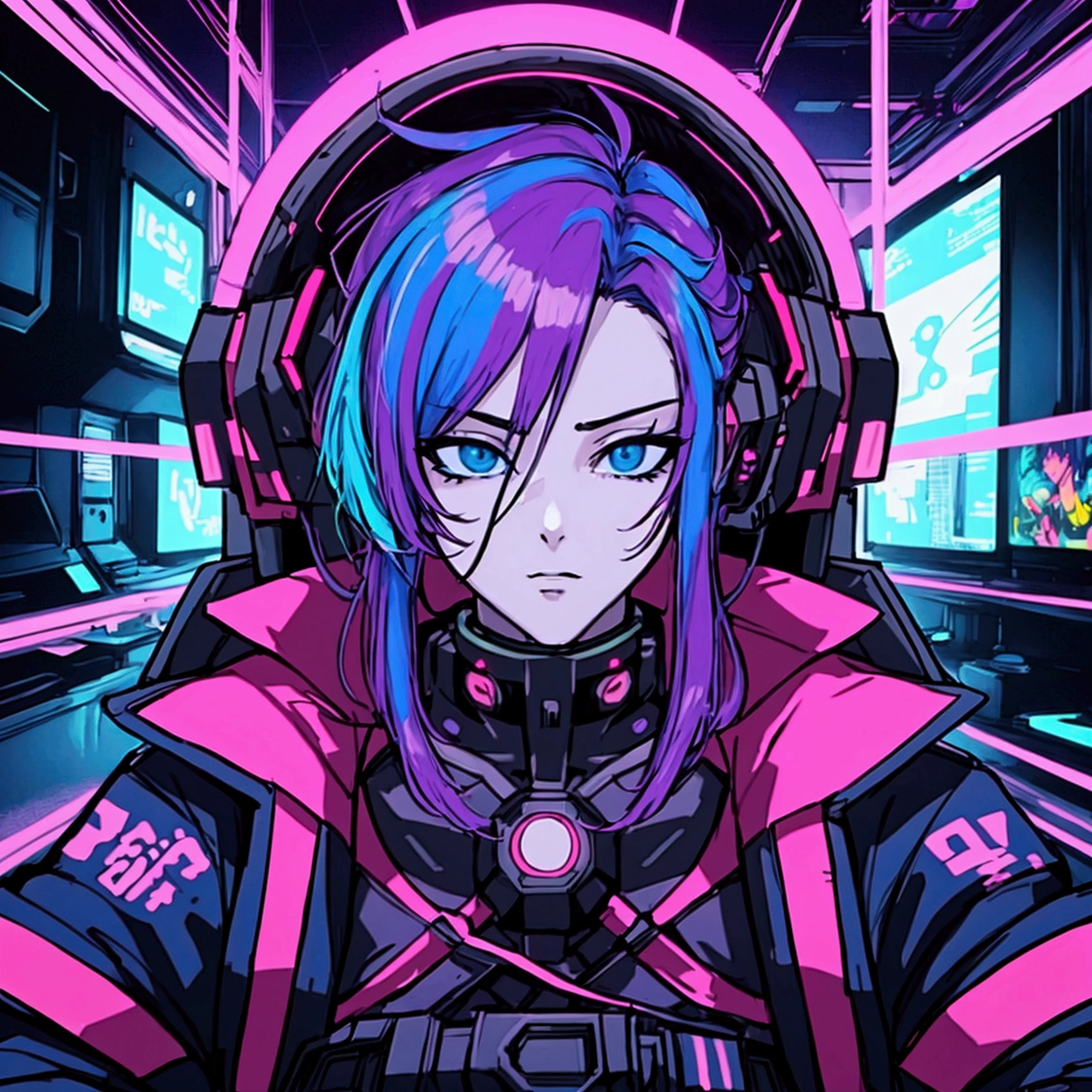a man sitting on a chair with a tv on his head, digital cyberpunk anime art, 80s anime aesthetic, cyberpunk art style, digital cyberpunk - anime art, muted cyberpunk style, cyberpunk style, modern anime style, cyber aesthetics, best anime 4k, highly detailed, intricate details, hyperrealistic, cinematic lighting, vibrant colors, digital painting