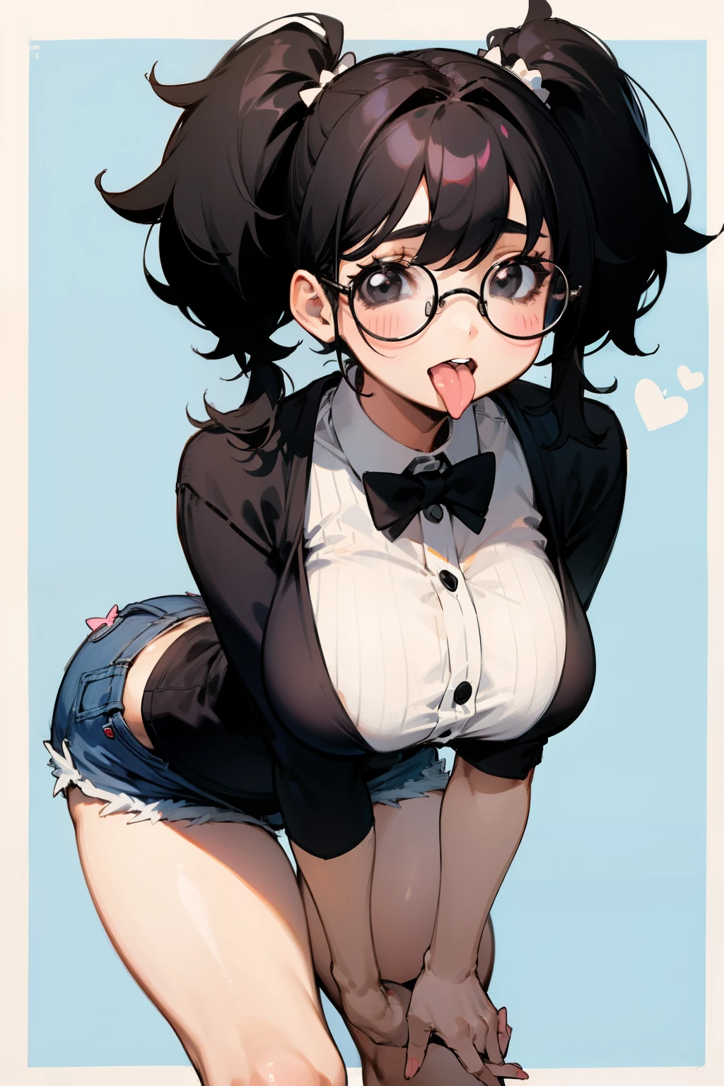 Cute girl, short black hair, black eyes, pigtails, Round glasses, tongue out of mouth, big tits, short shorts