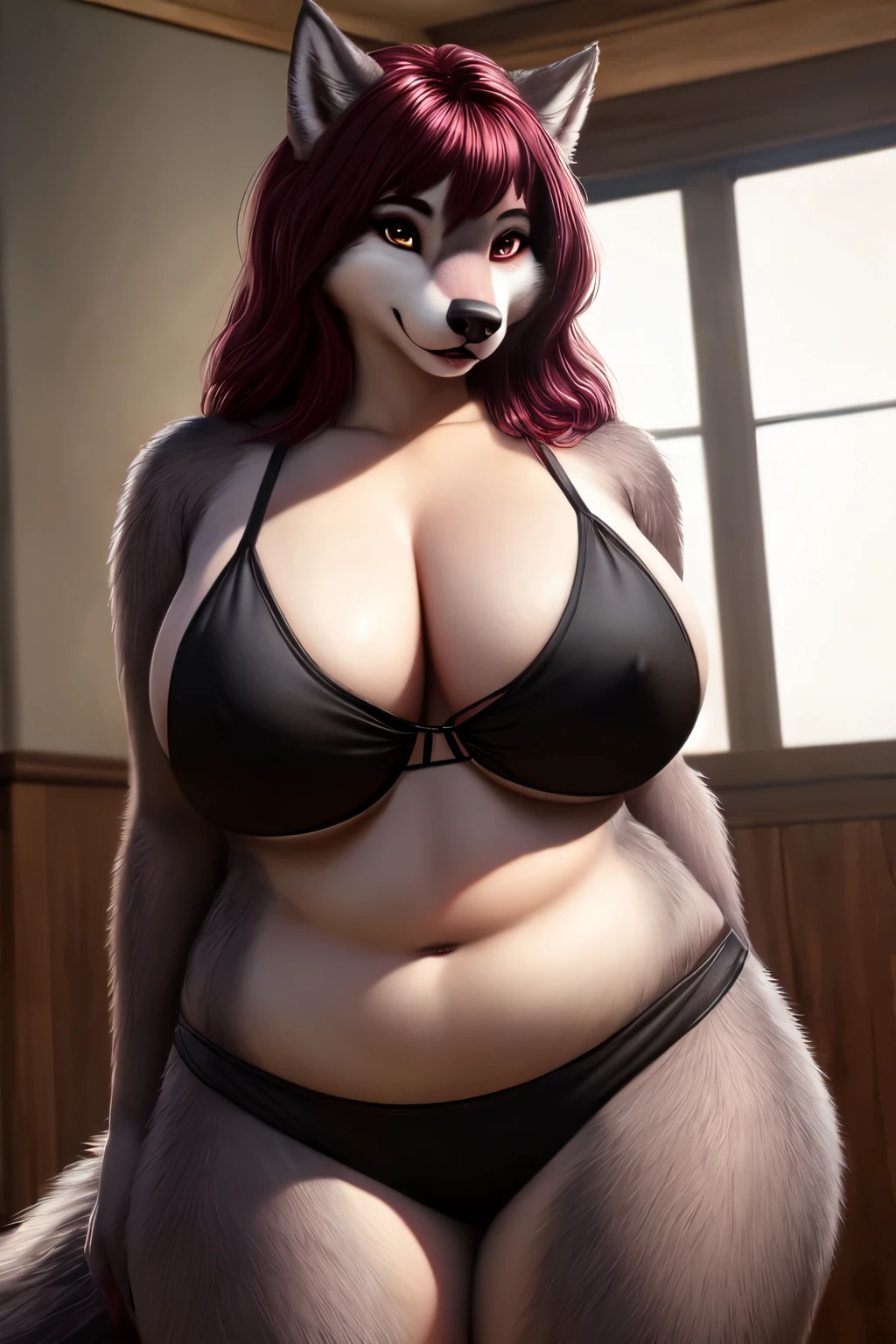 1girl, anthro furry wolf, plus size, busty, wide thighs, full body, burgundy hair, black bikini, high resolution, photorealistic, cute looking, detailed realism, detailed grey fur, 4k, soft,
