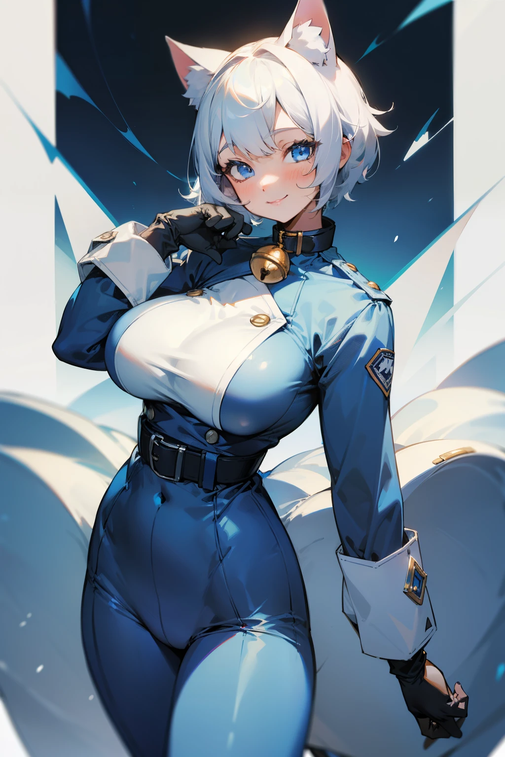 Cute girl, short white hair, cat ears, blue eyes, smile, blue collar, bell, tight blue clothes, white wool collar, blue gloves, long sleeves with white wool ends, big breasts, black belt,