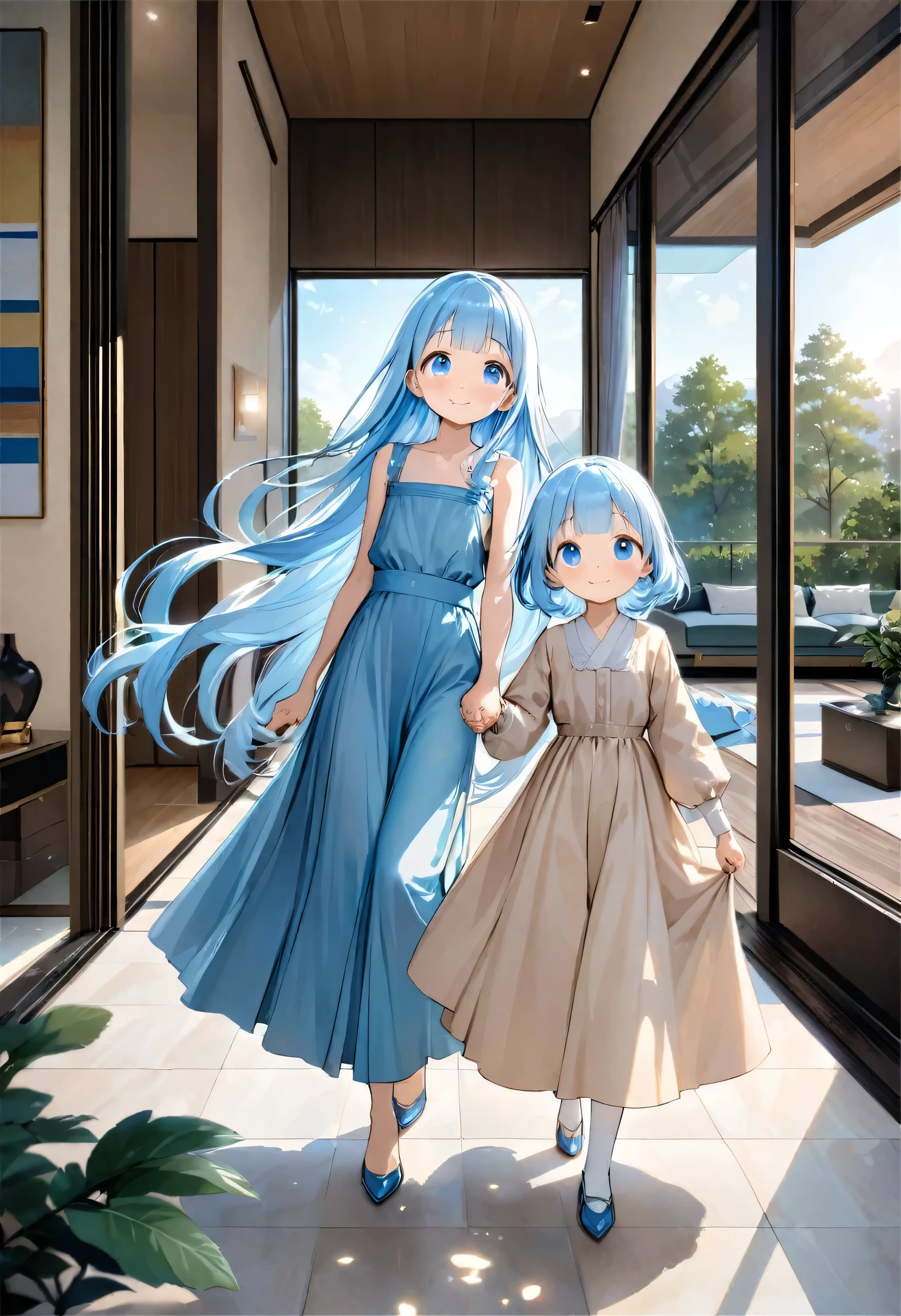 masterpiece, best quality, extremely detailed, (illustration, official art:1.1), 1 girl ,(((( light blue long hair)))), ,(((( light blue long hair)))),light blue hair, , long hair ((blush)) , cute face, big eyes, masterpiece, best quality,(((((a very delicate and beautiful girl))))),Amazing,beautiful detailed eyes,blunt bangs((((little delicate girl)))),(((tareme))),droopy eyes.(true beautiful:1.2), sense of depth,dynamic angle,,,, affectionate smile, (true beautiful:1.2),,(tiny 1girl model:1.2),)(flat chest),smile、(4 ******** child２people)、Holding hands and taking a walk、, proudly showing her their luxurious, modern home. The home is elegant and sophisticated, seamlessly blending with the surrounding lush greenery. The scene exudes a warm, aesthetic vibe, with soft, inviting colors and gentle lines, capturing the love and pride in the young man's eyes as he presents their stunning residence to his mother. The house features sleek architecture, large windows, and stylish design elements, ensuring a contemporary and luxurious feel. The overall atmosphere is serene and enchanting, evoking a sense of beauty, tranquility, and modern opulence.a family of 3 posing in front of a house、full body、Long skirt
