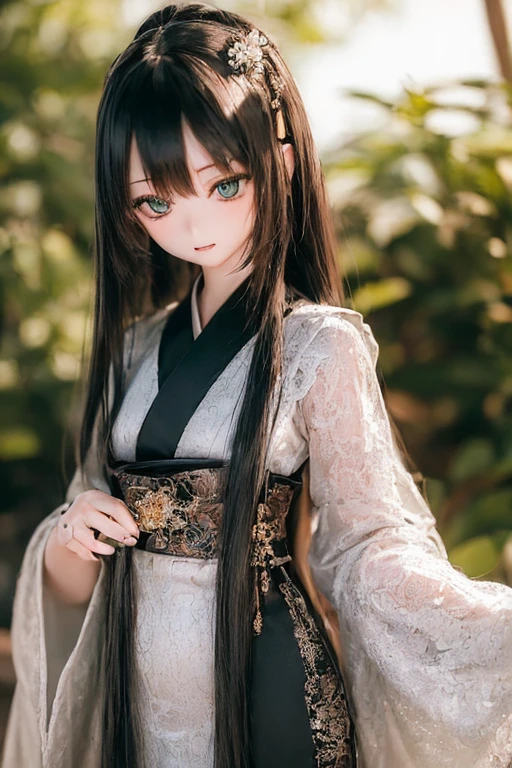 (SFW:2), photorealistic, realistic photo, ((highest quality)), ((masterpiece)), ((extremely detailed)), kukolnydom, doll, (mature woman, 20yo, 20 years old:1.6), solo, ((cowboy shot, standing
, skinny, slender, slim, kimono, obi, hair ornament)), green eyes, parted lips, (black hair, long hair, looking at another, blank eyes, empty eyes, detailed eyes, detailed clothes:1.3), Japanese garden, 8k