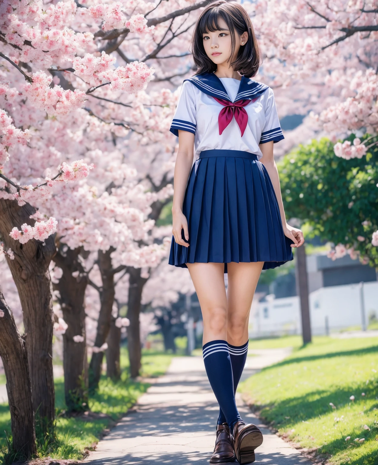 1girl,18yo girl,sailor uniform,((ankle length skirt)),beautiful detailed eyes,beautiful detailed lips,extremely detailed face,longeyelashes,outdoor,cherry blossom tree,sakura petals,natural lighting,vibrant colors,realistic,photorealistic,photo-realistic:1.37,best quality,8k,masterpiece:1.2,ultra-detailed,studio lighting,vivid colors