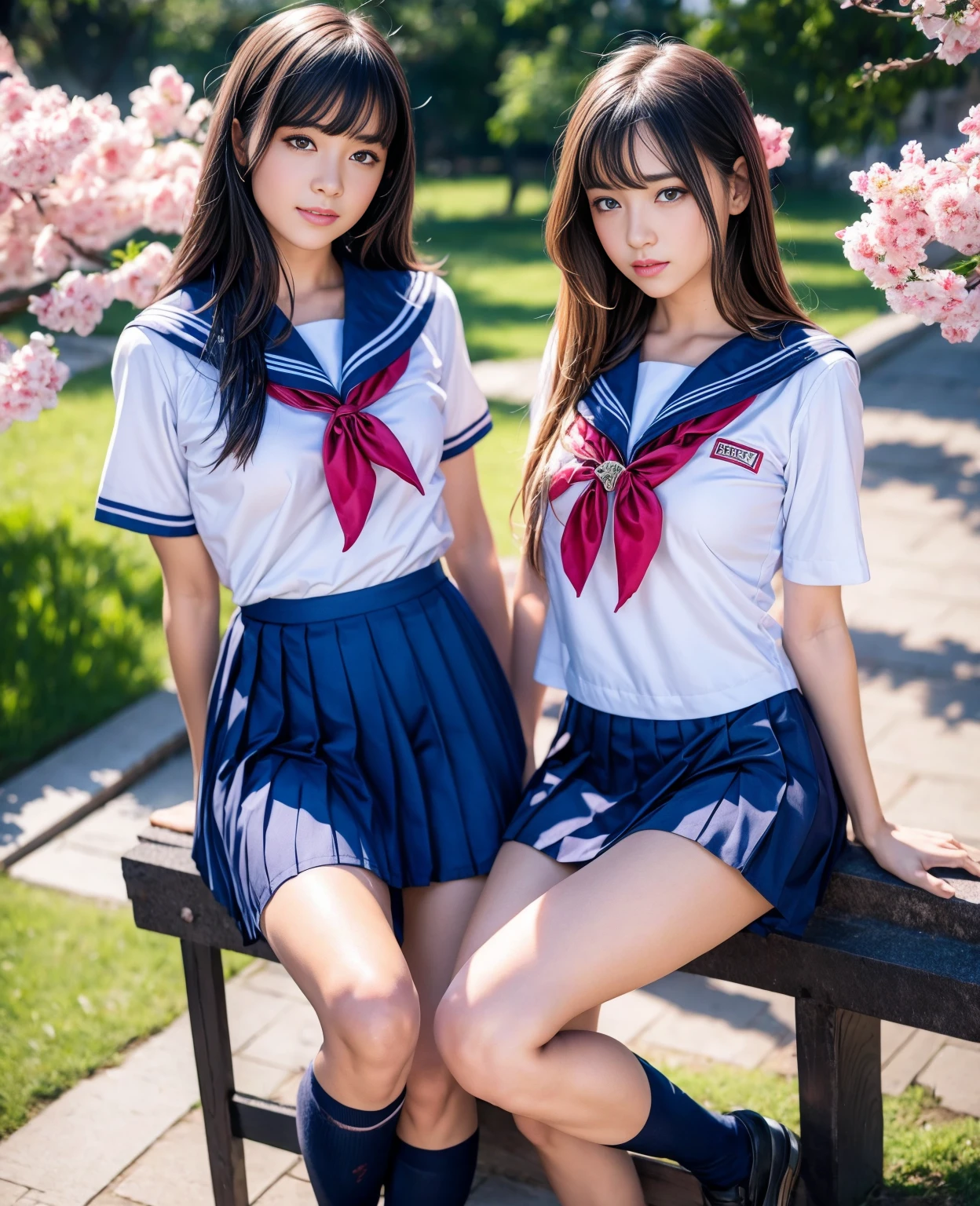 1girl,18yo girl,sailor uniform,((ankle length skirt)),beautiful detailed eyes,beautiful detailed lips,extremely detailed face,longeyelashes,outdoor,cherry blossom tree,sakura petals,natural lighting,vibrant colors,realistic,photorealistic,photo-realistic:1.37,best quality,8k,masterpiece:1.2,ultra-detailed,studio lighting,vivid colors