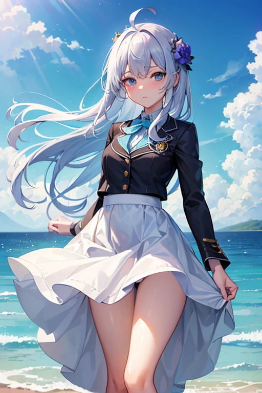 (master_piece, high_quality, beautiful, super delicate, absurdres:1.2), 1girl, mature, , beautiful face, ahoge, hair fluttering in the wind, white hair, blue eye, (long windy dress suit, long skirt, The wind is blowing, Skirt flipped up, I can see your underwear, skirt that flipped in the wind, skirt billowing, I can see your underwear, wind lift, skirt full blooms:1.2), port, (clear water, gemstone sea:1.2), Ship in the distance, The trails that planes make, blue sky, Sunshine, street in the distance,