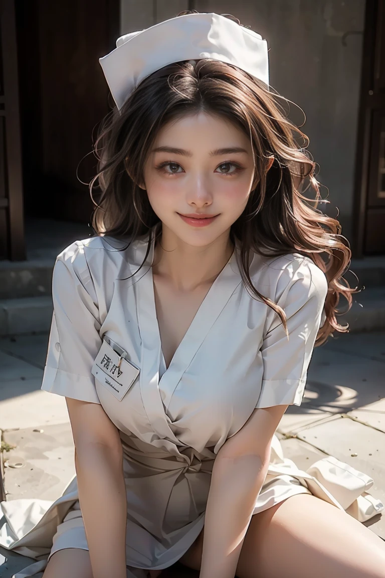 ((masterpiece, Highest quality, High resolution, 非常に精細なCG統合8k壁紙, Realistic, RAW Photos, 8k)), (Huge and stunning goddess shot, Very hot and sexy, Incredible beauty, Perfect Proportions, Beautiful body, Slim body beauty:1.3), (Sexy nurse:1.3), (For nurse uniforms, Crouch down to pick up the dropped ballpoint pen, And smile like an angel), 