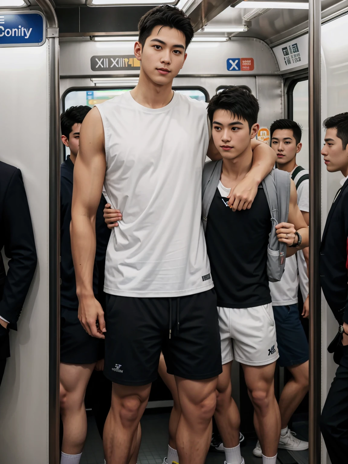 1 person，A 20-year-old man in the subway，Standing in a subway car，Ultra-flat head，White skinny sleeveless T-shirt，Wear yours with grey micro shorts，huge bulge,  leg apart，musculous，Handsome，Look at your phone，Wear AirPods，Wear an Apple Watch，Sport backpack，white short socks，White sneakers，pervert smirk，exhilarated，full bodyesbian，Exposing thighs，Expose calves，Thick leg hair，In crowded subway cars，gentlesoftlighting，tmasterpiece，best qualtiy，8K  UHD，digital SLR camera，filmgrain，Fujifilm XT3 Realistic painting art，Written by Midjourney and Greg Rutkowski