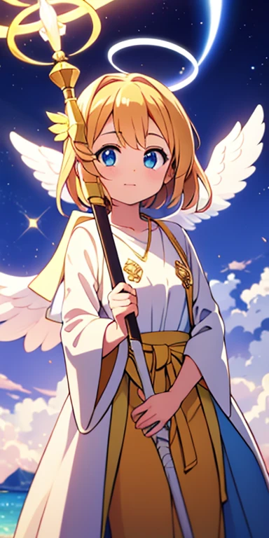 A radiant angel with a staff, surrounded by a halo of light.