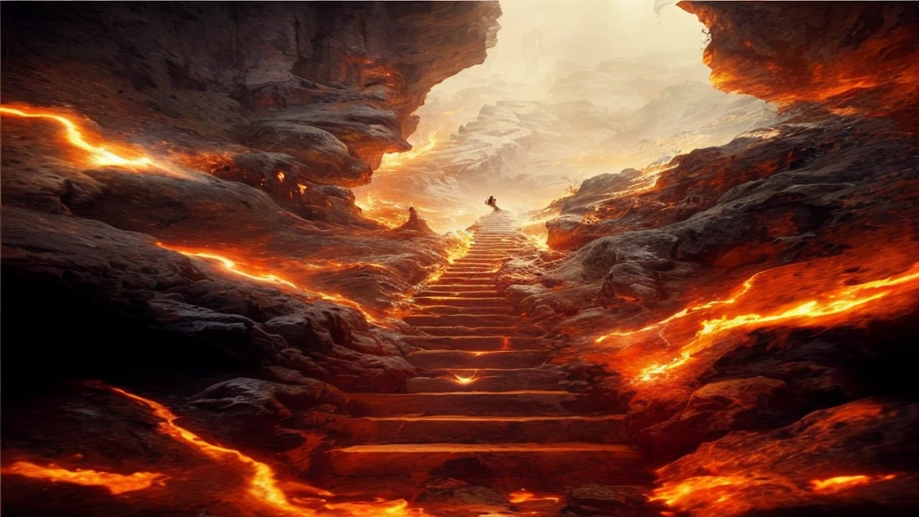 A man walks up the stairs in a cave, Stairway from Hell to Heaven, Hell sight, Travel through hell, Door of hell, Out of the Fire, Door of hell, Stairway to Heaven, Door of hell, Surreal hell, Door of hell, Stand in hell, complex、Epic creation, Stunning epic visual effects, Hell Background