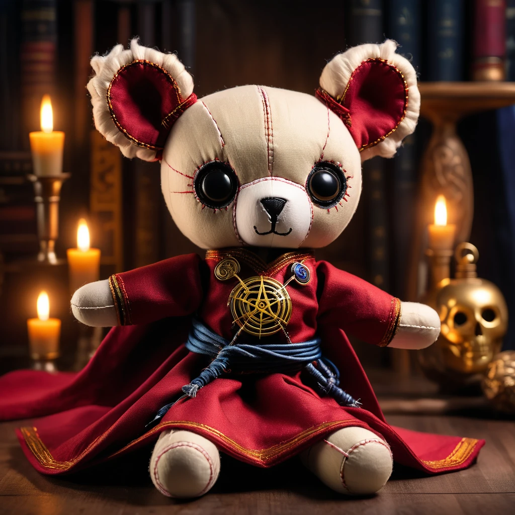 (knitted toy voodoo doll:1.9), (Voodoo Koala as Doctor Strange:1.2), (Clothing: sorcerer's cloak with the Eye of Agamotto:1.0), (Accessories: enchanted spellbook emitting ghostly light, floating spectral runes:1.2), (background: dark, haunted Sanctum Sanctorum with flickering lights and an atmosphere of eerie magic:1.2), best quality, masterpiece, detailed soft oil painting, detailed background, dramatic cinematic lighting, soft edge lighting, professional, dramatic lighting, hard edge lighting, ultra quality, 4k,masterpiece, best quality, 8k, ultra highres, highres, extremely detailed
