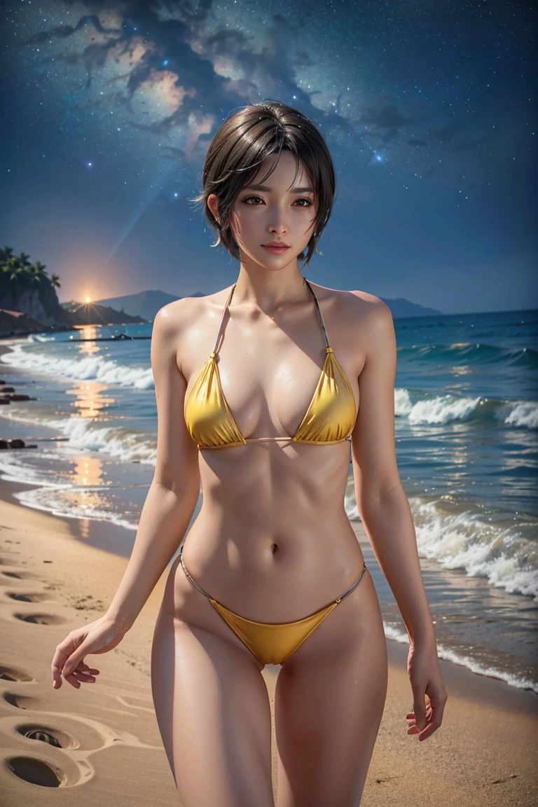 (masterpiece, 最high quality)
Yuffie Kisaragi,FF7, short hair,belly button,Brown eyes,Photorealistic,Ultra HD,high quality,masterpiece,Digital SLR,Detailed details,Intricate details,Anatomical basis,Depicted in detail,A detailed face,Realistic skin texture,Vivid details,Perfect Anatomy,Perfect Anatomy,Anatomically correct hand,Anatomically correct fingers,Super Detail,Complex 3D rendering,Sexy pose,The beautiful world of Final Fantasy 7,Yellow Sports Swimsuit,Wet,,Beautiful night sky,A beach with a beautiful starry sky,Fantastic beaches,Fantasy worldview,Picturesque,Pink Lips,smile,Beautiful in profile,