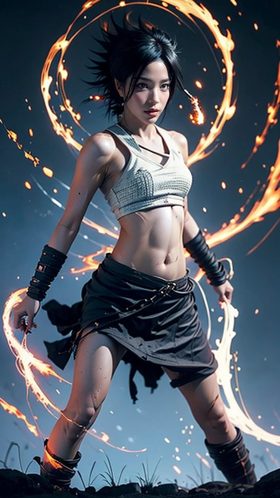 Moisturized skin, (red eyes), realistic body, (adult female body), energetic, (************), (girl), crop top,
BREAK,
bright red lipstick, (beautiful navel), (black hair), beautiful hair, (Uchiha Sasuke's clothes), (leather), mini skirt,
BREAK,
((masterpiece + highest quality + high resolution + highly detailed)), (full body: 1.2), symmetrical, one shot,
BREAK,
(electric shock), (wind blows), (blue electricity), (battle stance: 1.4),
BREAK,
assassination, kunai, fantastical, dynamic,