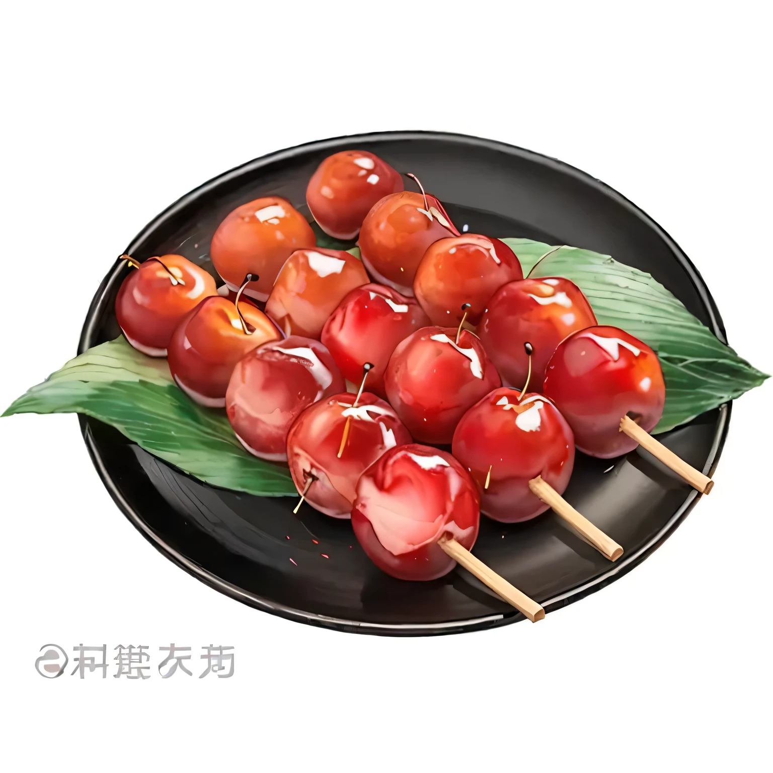 there are cherry on a stick on a plate with a leaf, string, cherry, there is one cherry, barbecuing chewing gum, cherry, cherry explosion, Chiba Yudai, made in illustrator, Sugar Apple, So ugly, What do you do, The material is!!! Plum!!!, Wang Chen