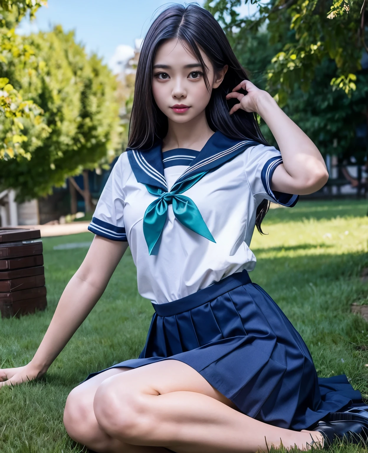 1girl,18yo girl,sailor uniform,ankle length skirt,beautiful detailed eyes,beautiful detailed lips,extremely detailed face,longeyelashes,outdoors,green grass, blue sky,sunlight,vibrant colors,photorealistic,8k,ultra-detailed,realistic,physically-based rendering,masterpiece,studio lighting,cinematic lighting